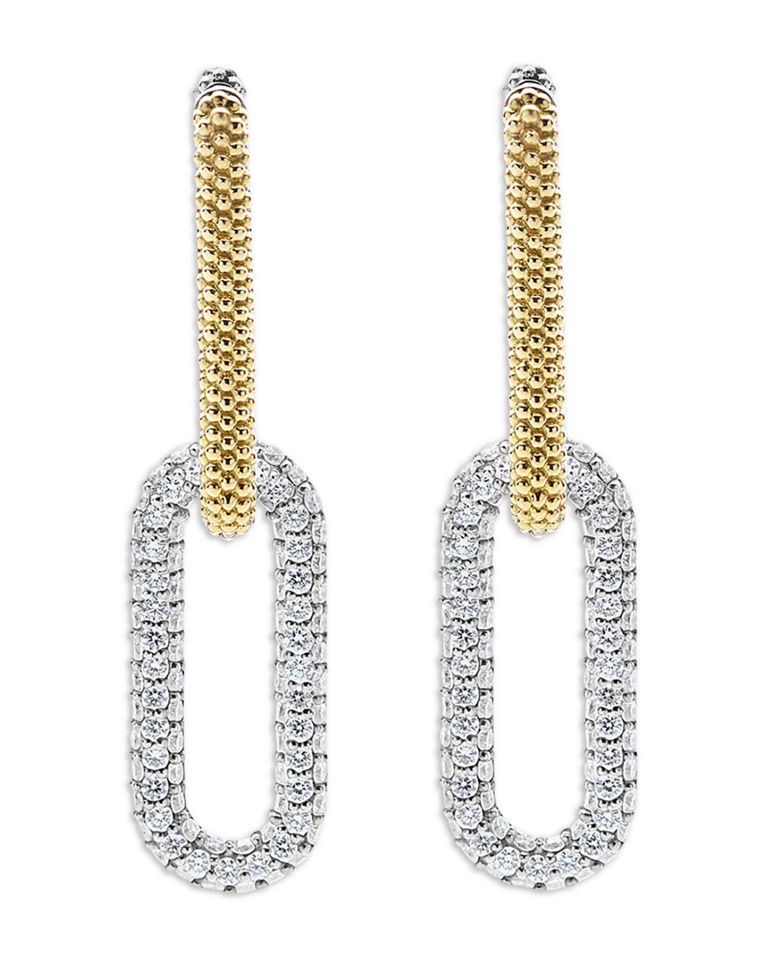 18K Yellow Gold & Silver Caviar Lux-Clip Diamond Link Drop Earrings - Exclusive