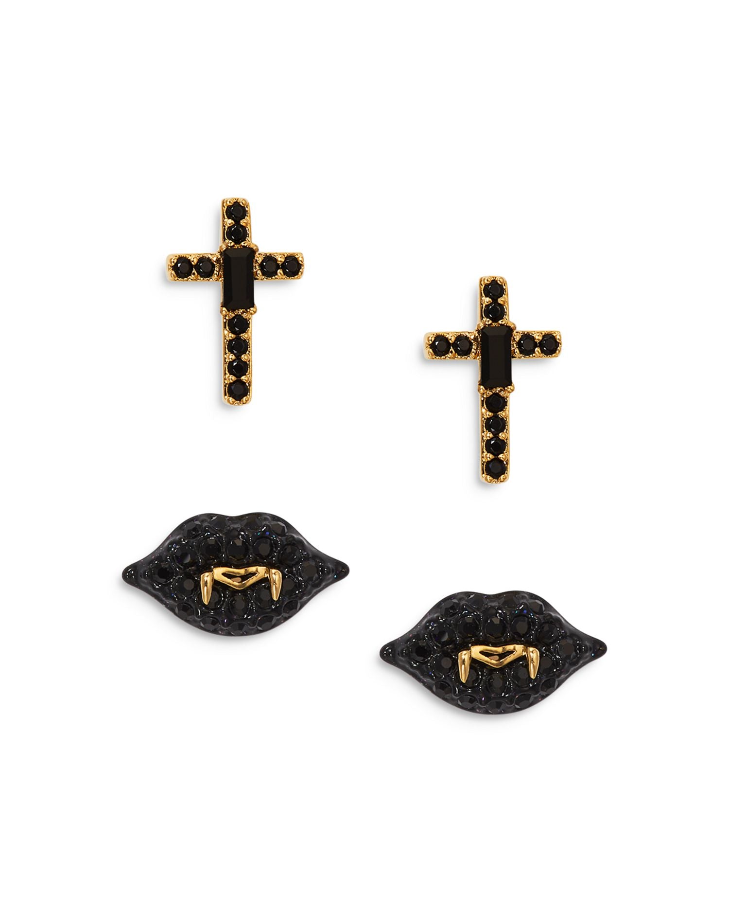 Haunt Couture Black Crystal Cross & Vampire Lips Stud Earrings in 18K Gold Plated, Set of 2