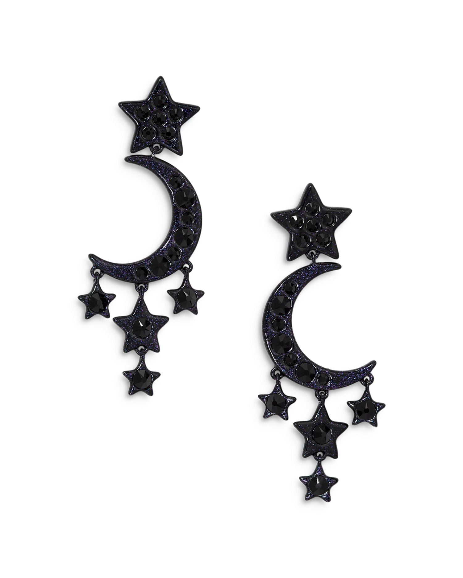 Haunt Couture Black Crystal Moon & Stars Drop Earrings in Ruthenium Plated
