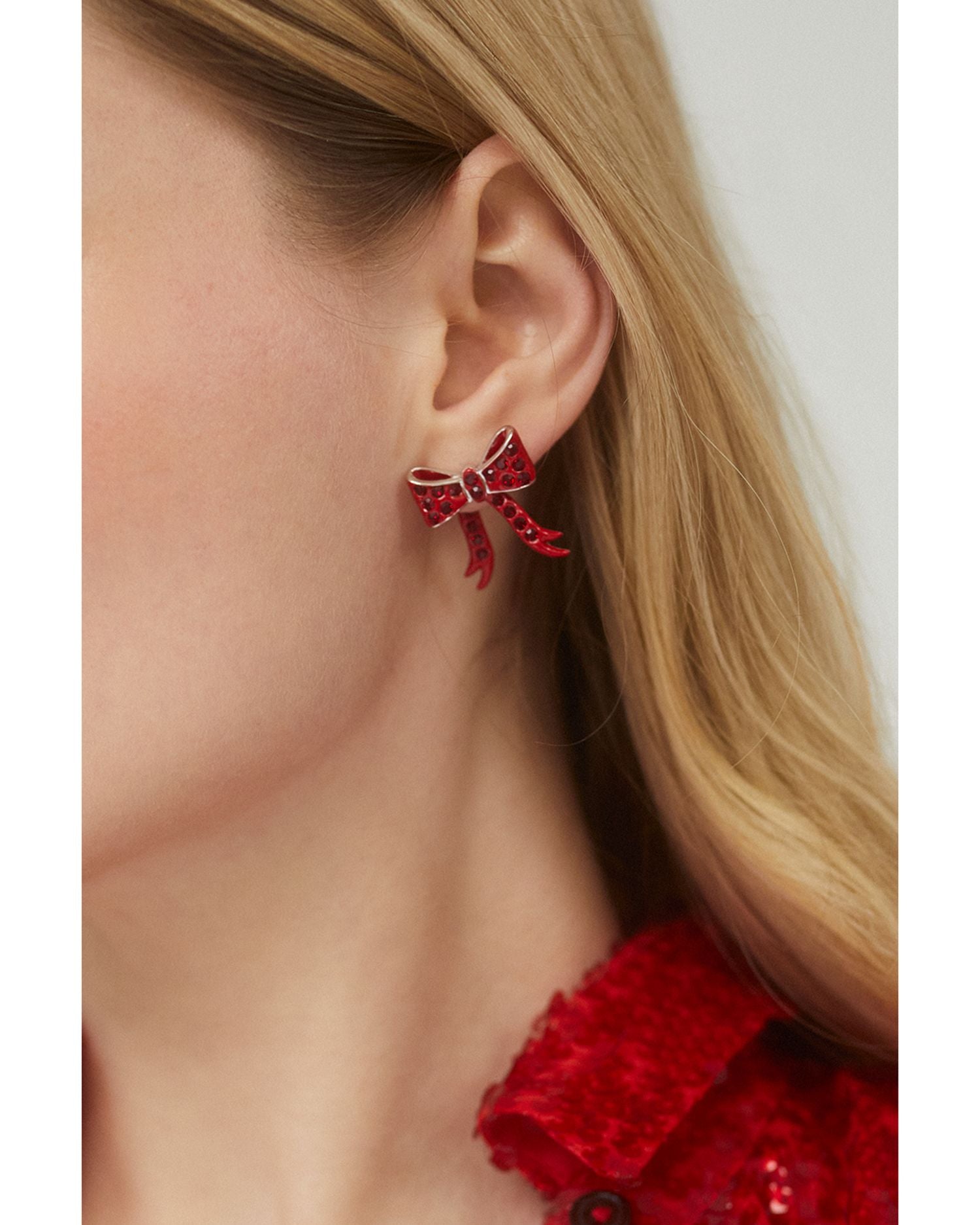 Holi-Daze Red Pavé Bow Front to Back Earrings in Rhodium Plated
