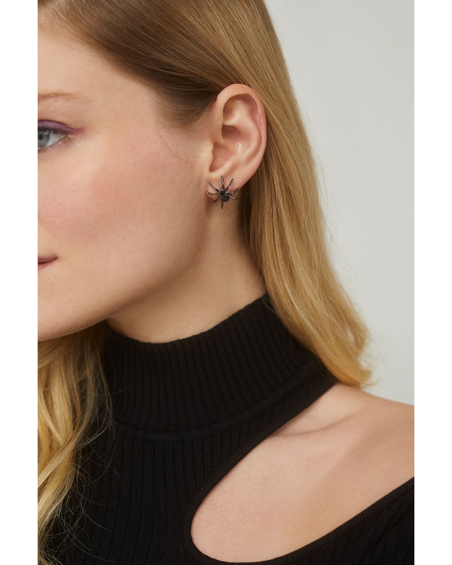 Haunt Couture Black Crystal Spider Stud Earrings in Ruthenium Plated