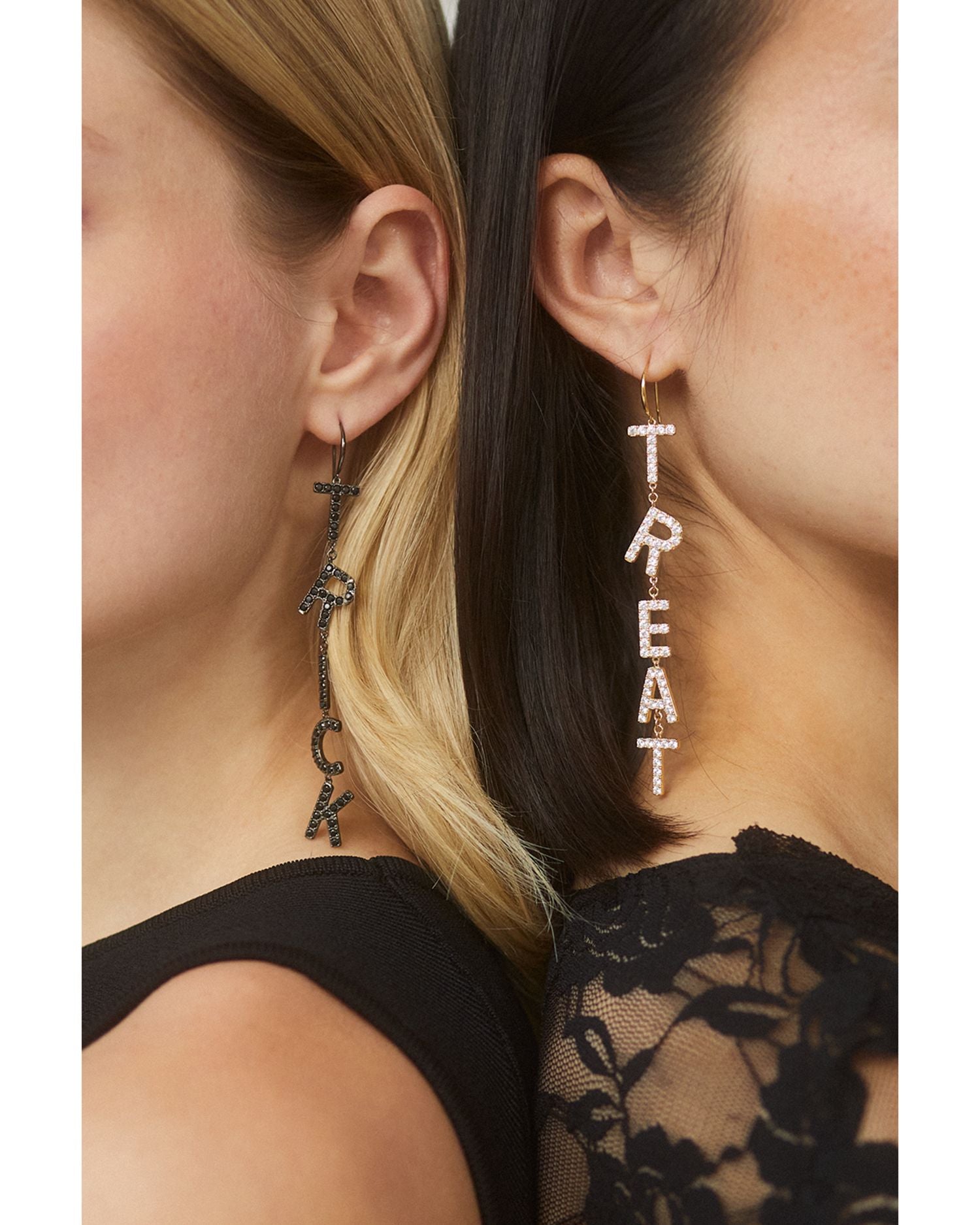 Haunt Couture Pavé Trick 'R Treat Mismatch Linear Drop Earrings in 18K Gold Plated & Ruthenium Plated