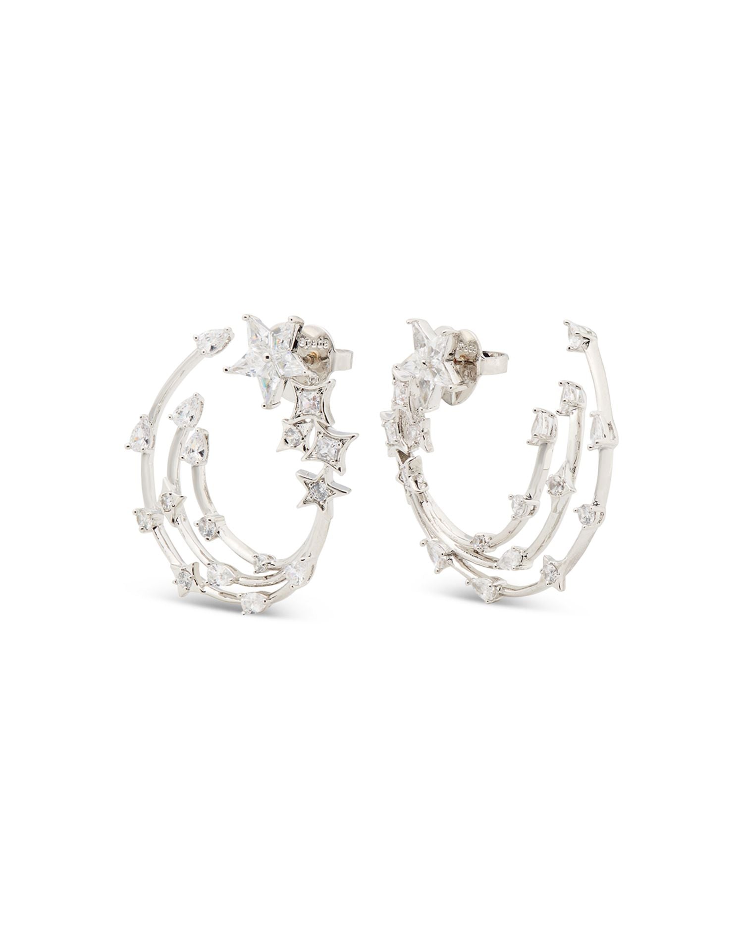Cubic Zirconia Star Bypass Hoop Earrings in Silver Tone