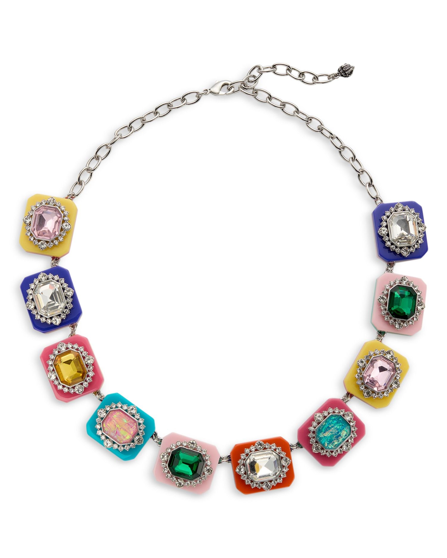 Multicolor Framed Crystal Statement Necklace in Rhodium Plated, 16"-18"