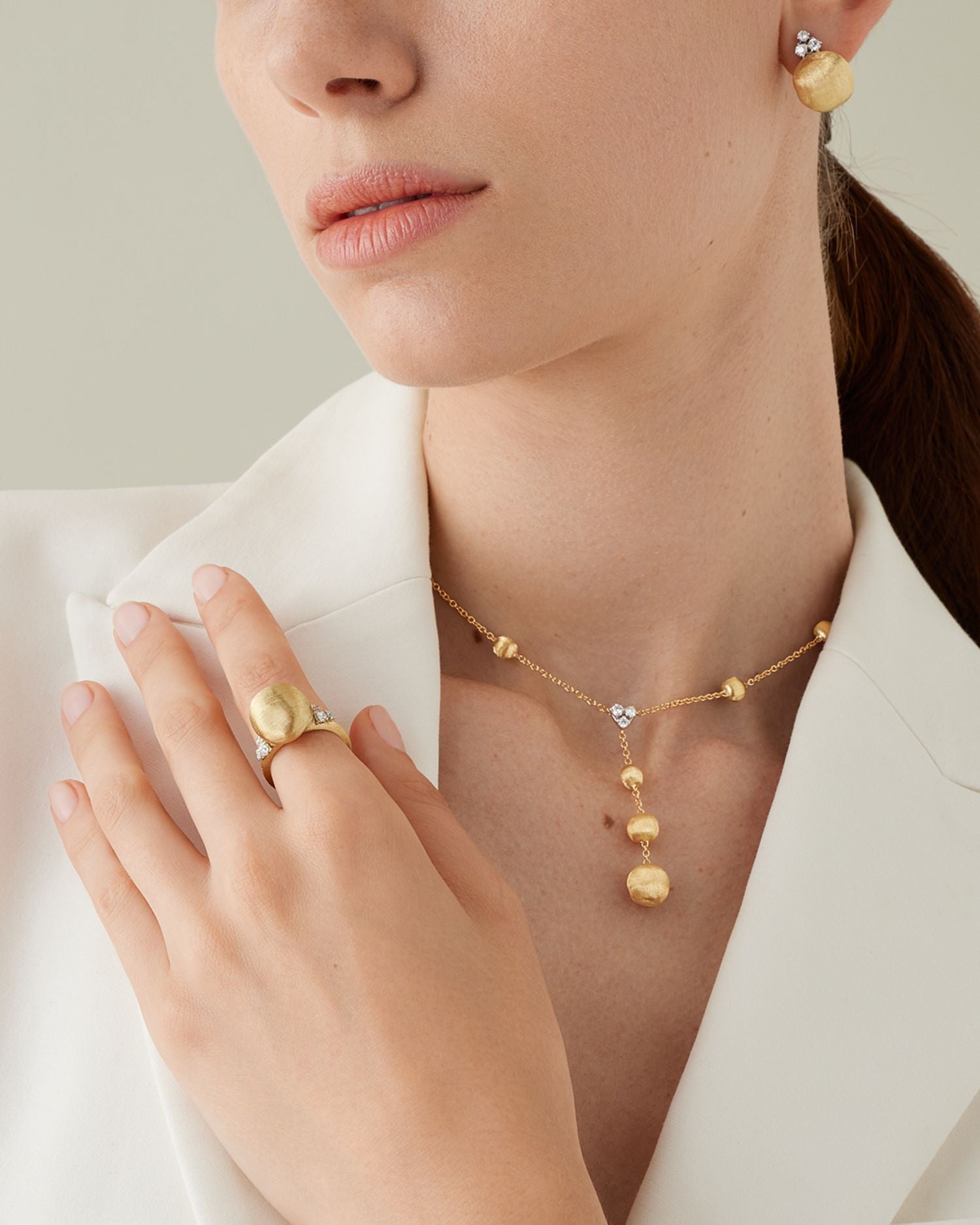 18K White & Yellow Gold Africa Diamond Textured Bead Statement Ring