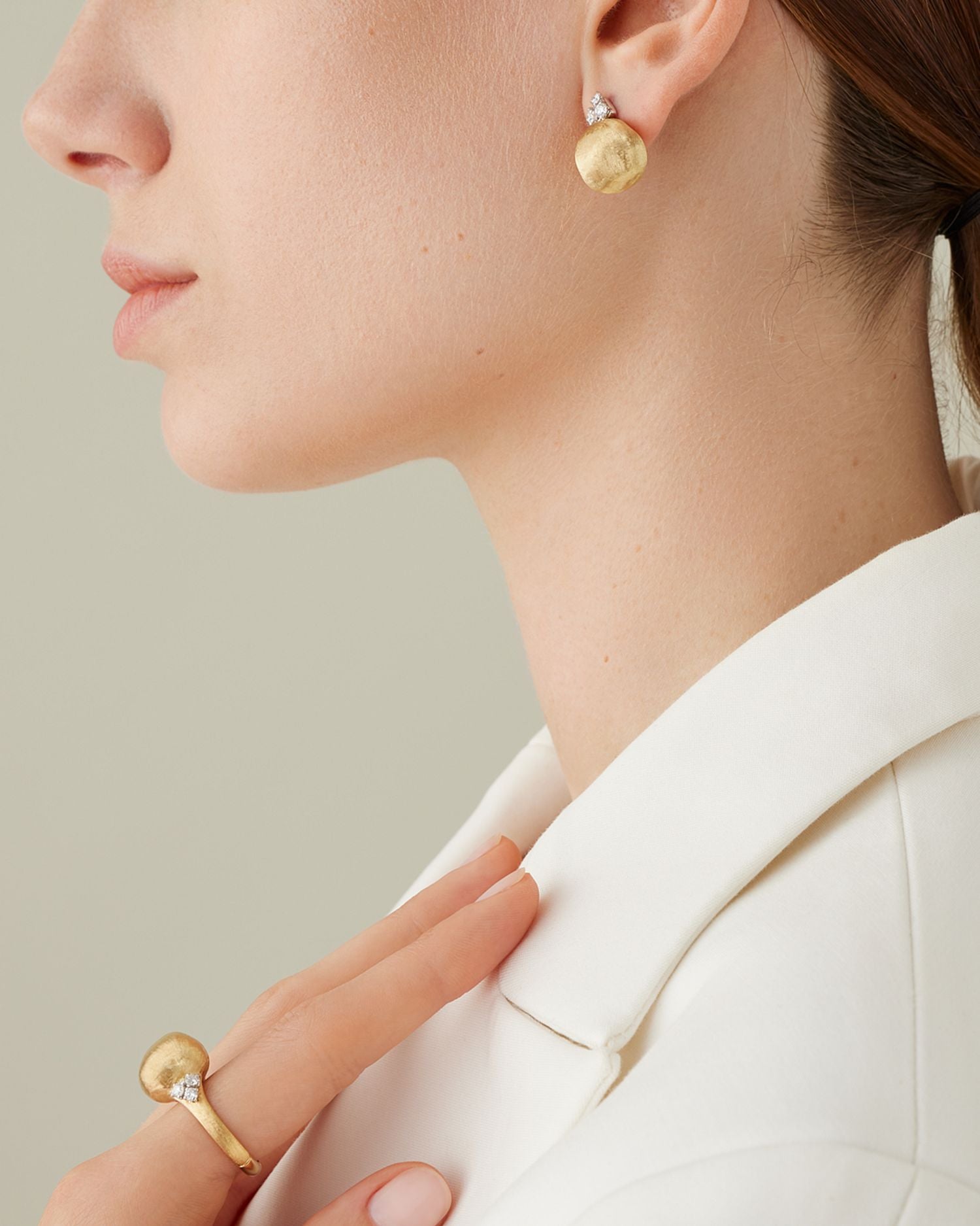 18K White & Yellow Gold Africa Diamond Cluster & Textured Bead Stud Earrings