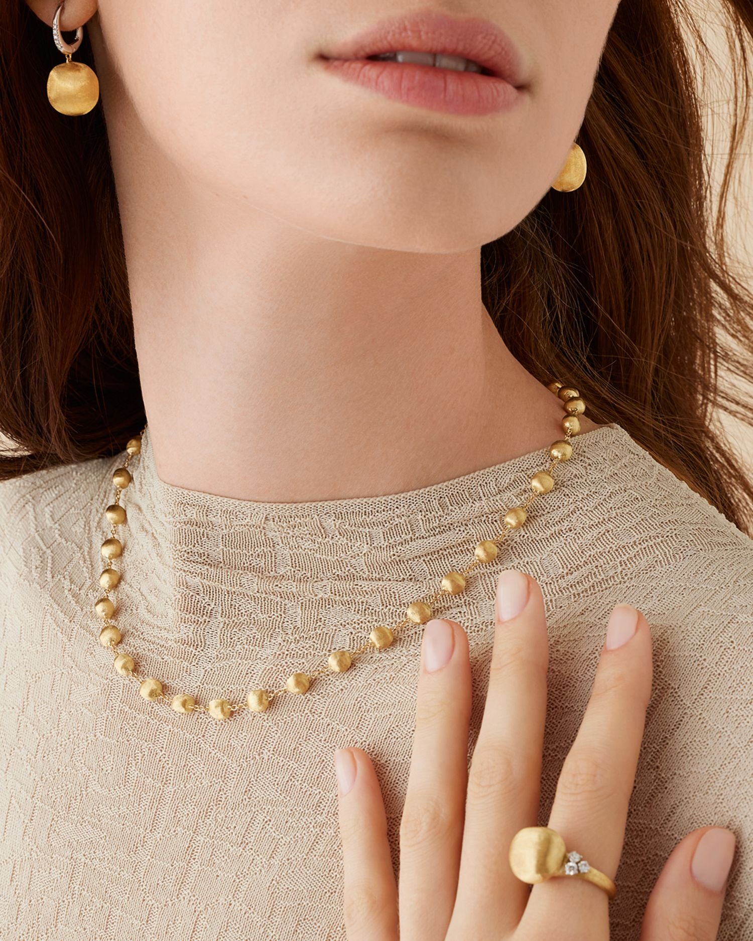 18K Yellow Gold Africa Textured Bead Collar Necklace, 16.5-18"