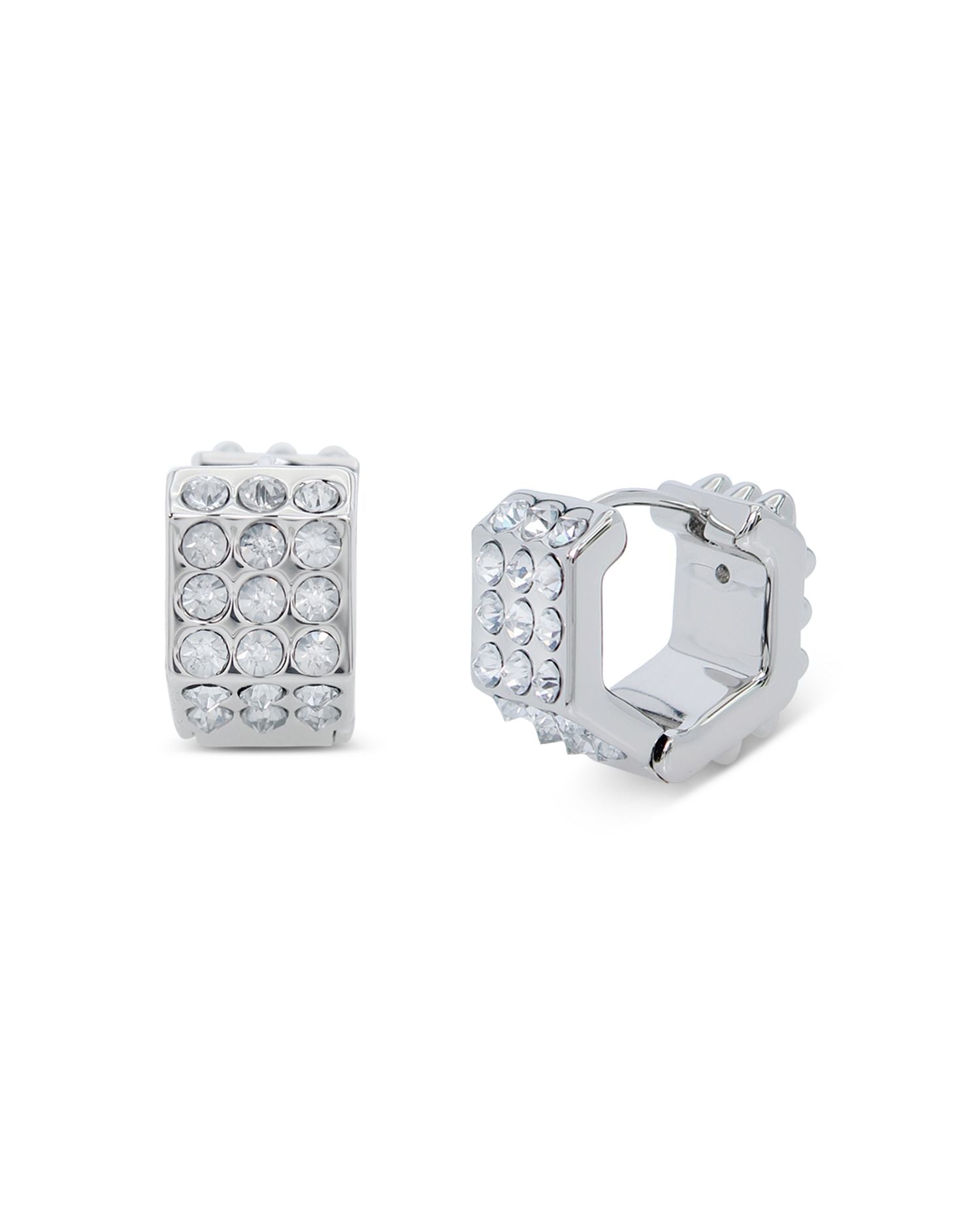 Spike Stone Geometric Chubby Huggie Hoop Earrings in Rhodium Plated