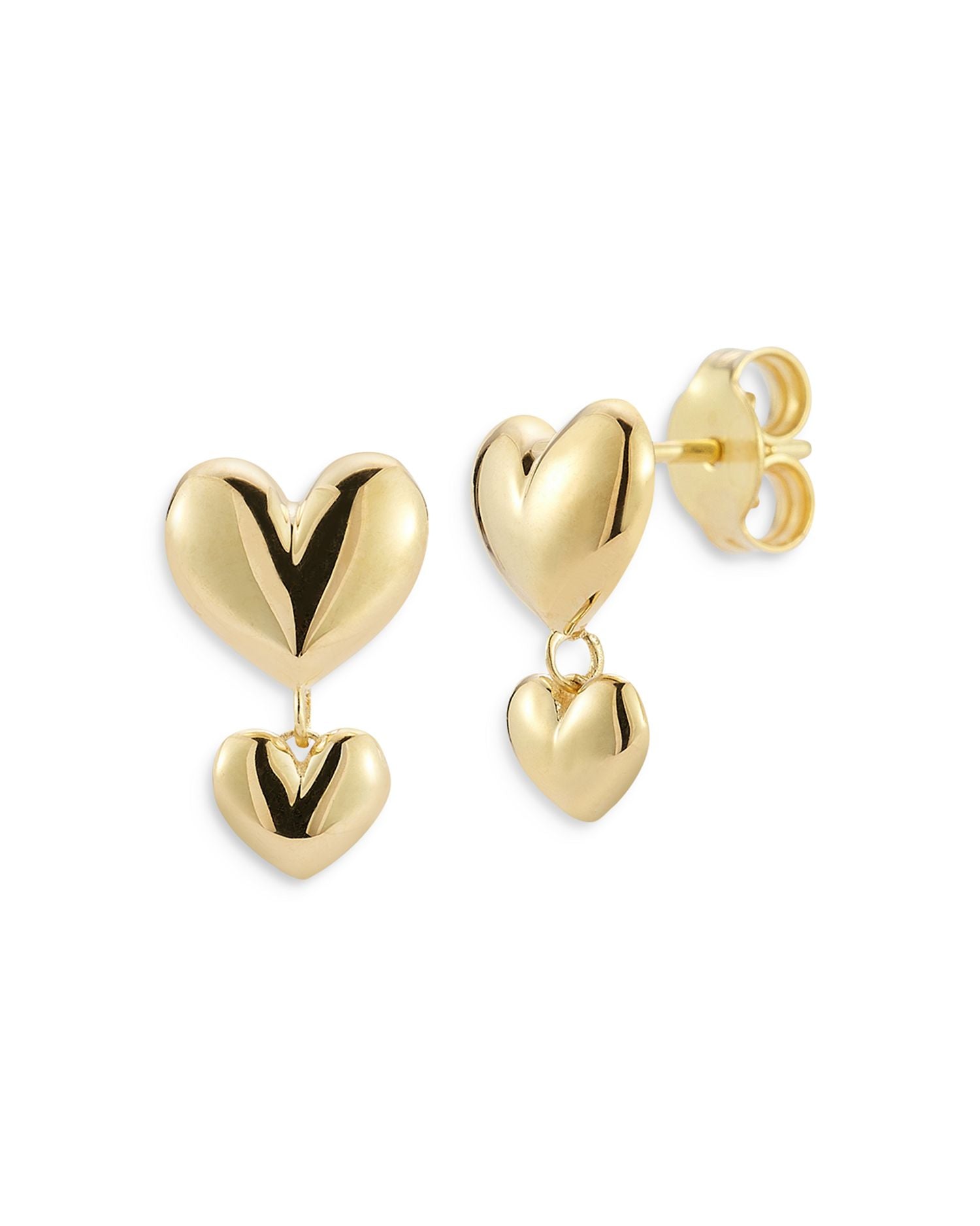 14K Yellow Gold Double Heart Drop Earrings