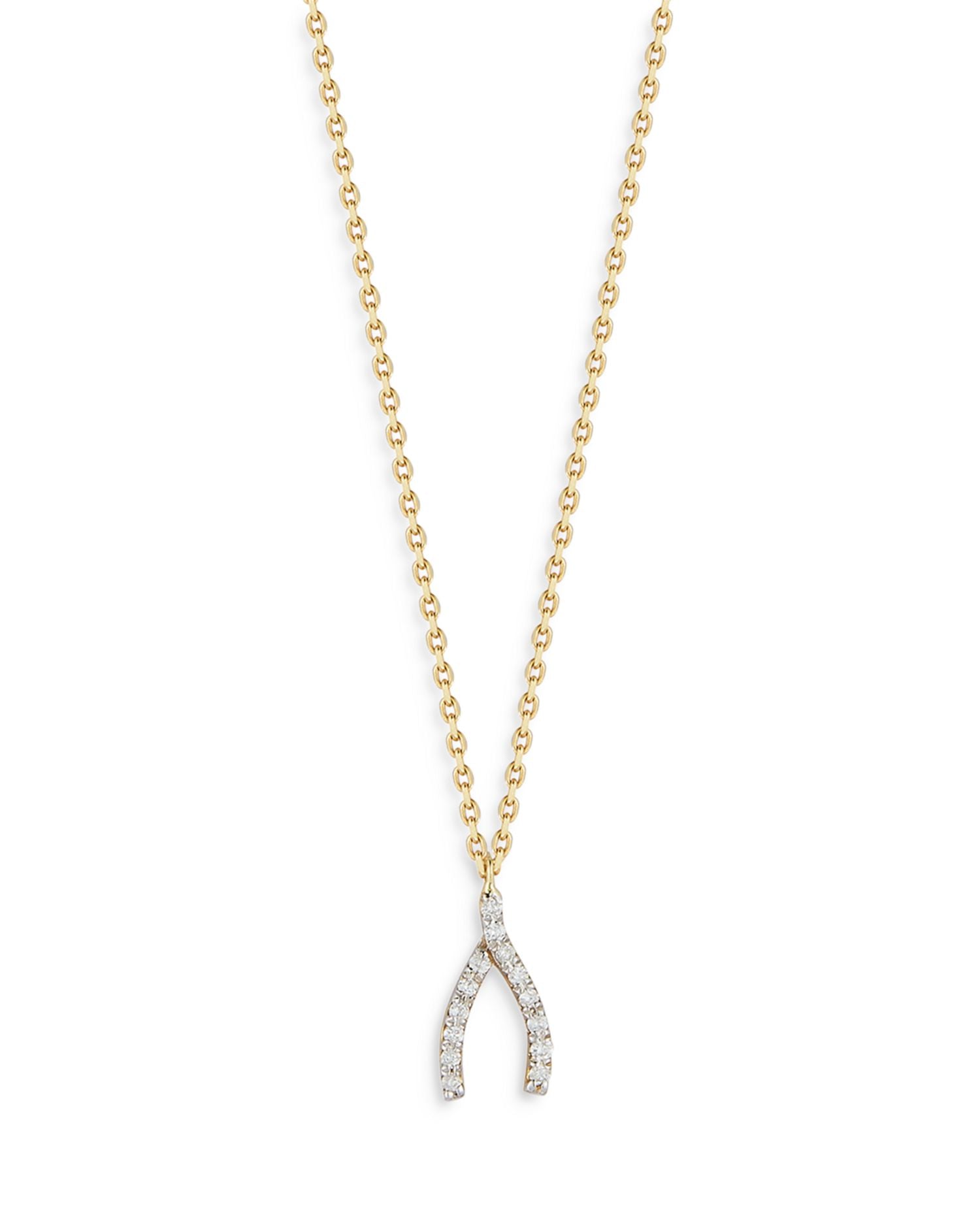 14K Yellow Gold Diamond Wishbone Pendant Necklace, 16-17'