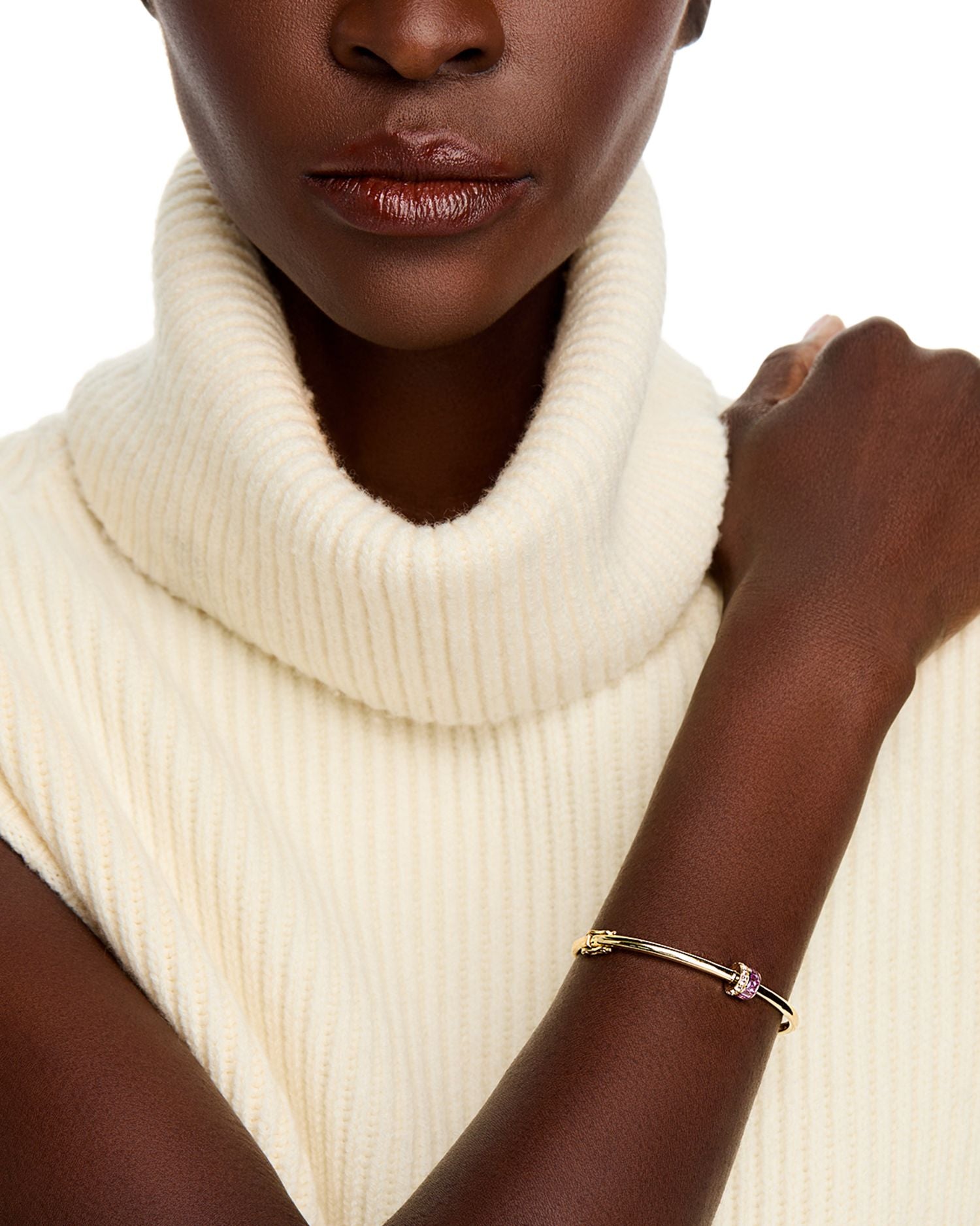 14K Yellow Gold Wicked Pink Sapphire & White Topaz Bangle Bracelet