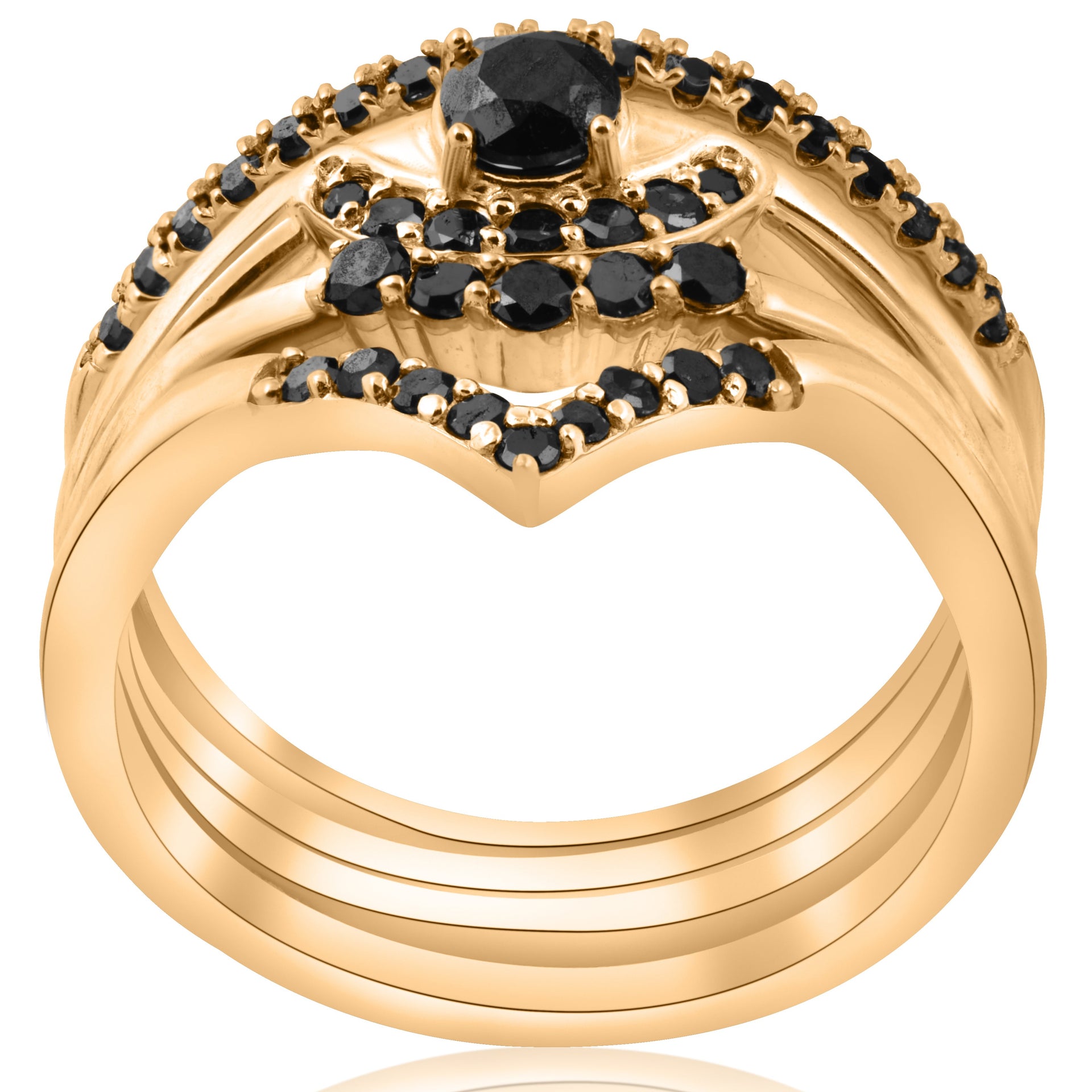 1/2ct 4-Ring Stackable Yellow Gold Black Diamond Curved Wedding Engagement Set