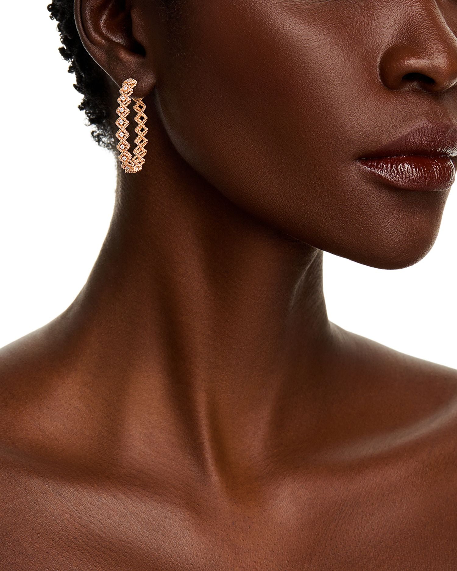 18K Rose Gold Roman Barocco Diamond Oval Hoop Earrings