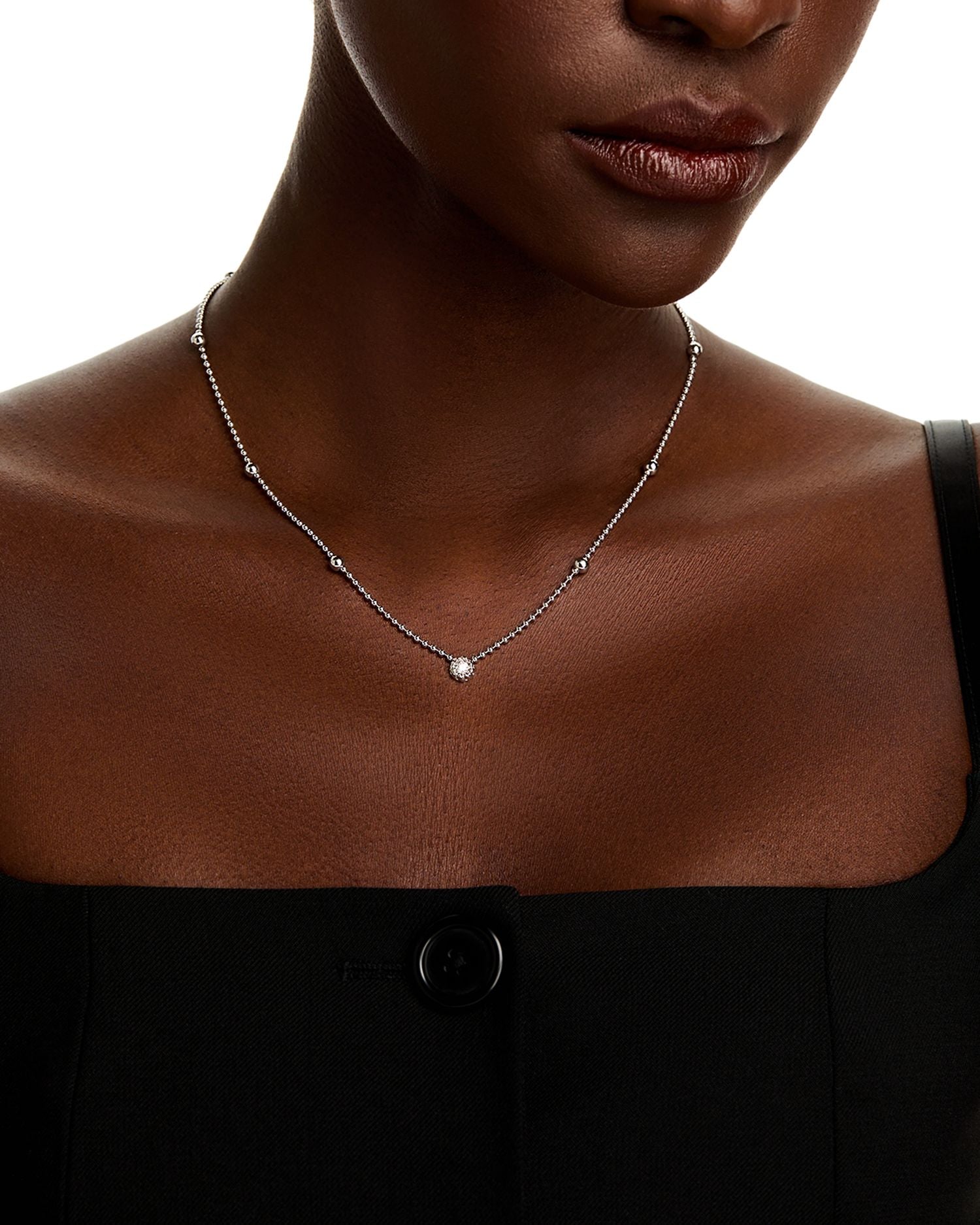 18K White Gold Alternating Bead Chain with Bezel Set Diamonds, 17"