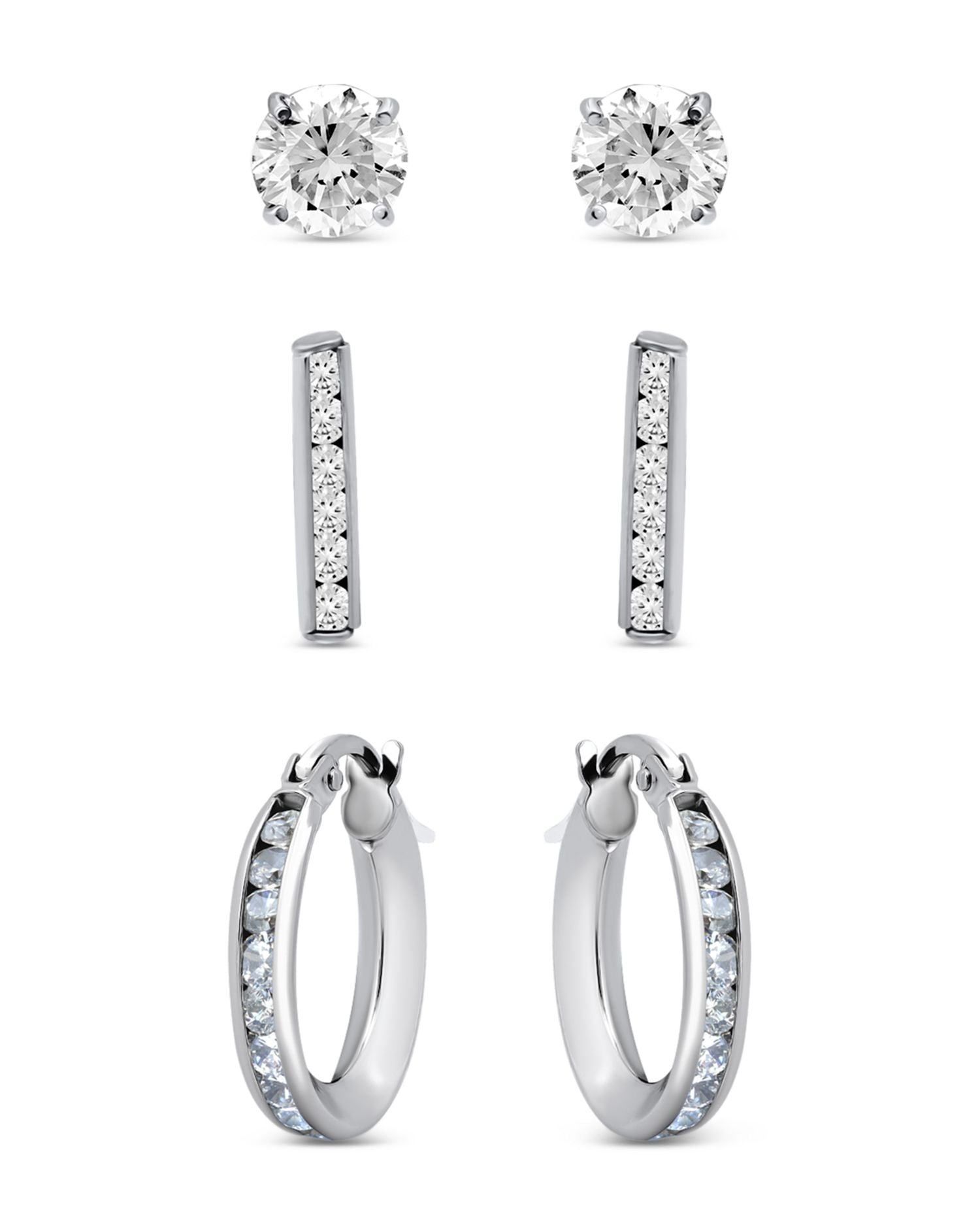 Cubic Zirconia Stud & Hoop Earrings in Gold Tone Sterling Silver, Set of 3 - Exclusive