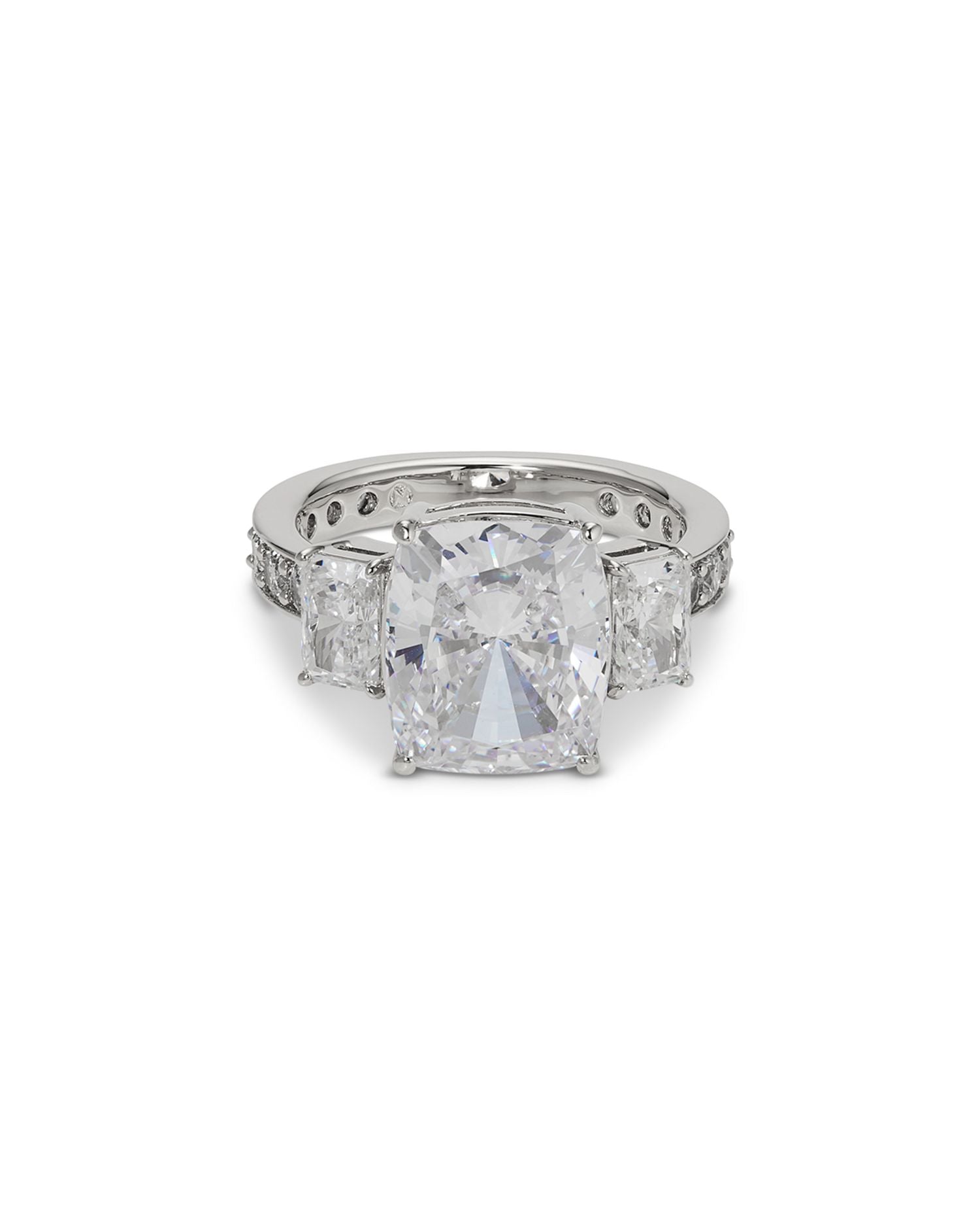 Cubic Zirconia Three Stone Cocktail Ring in Rhodium Plated