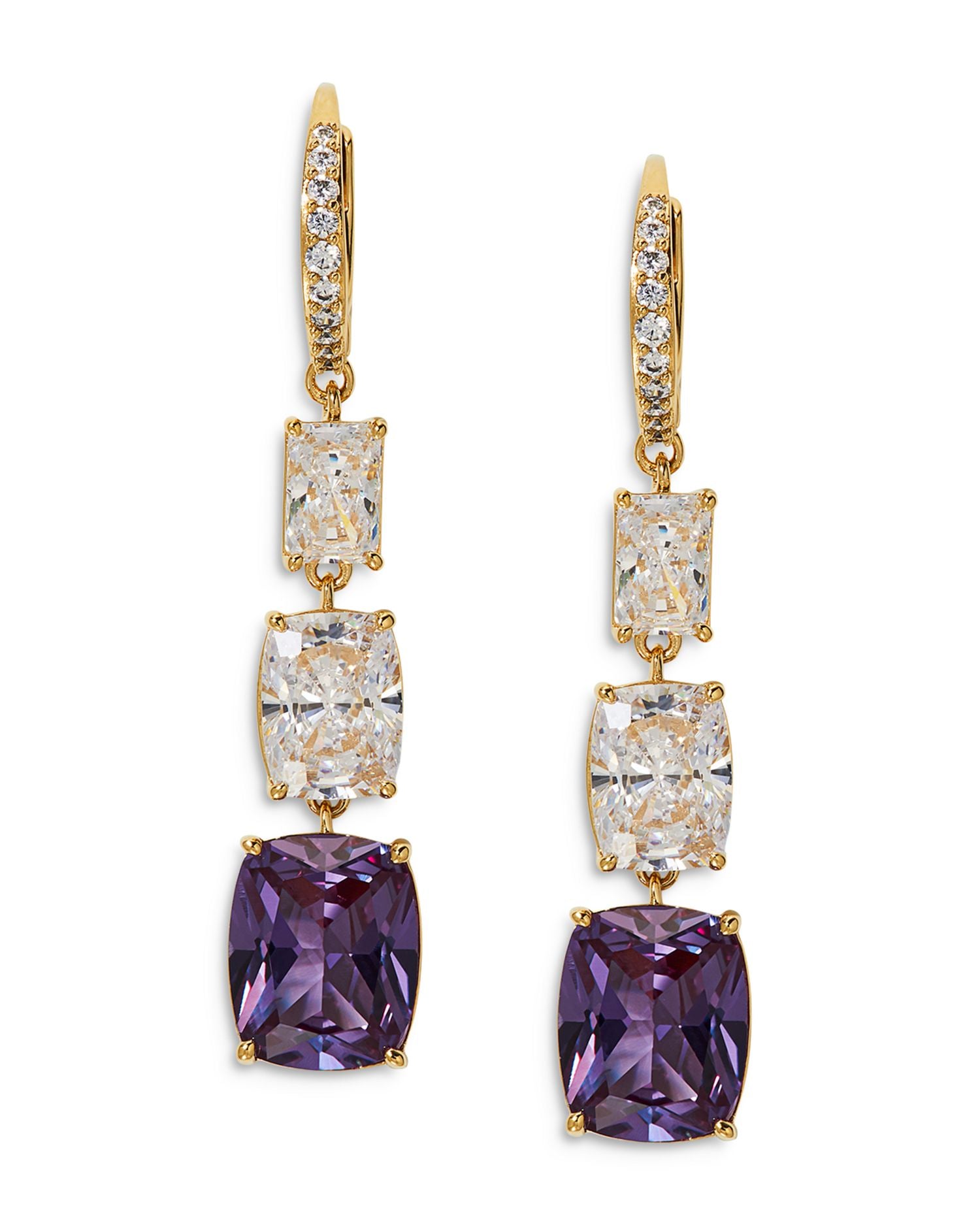 Cubic Zirconia & Purple Stone Graduated Triple Drop Earrings in 18K Gold Plated