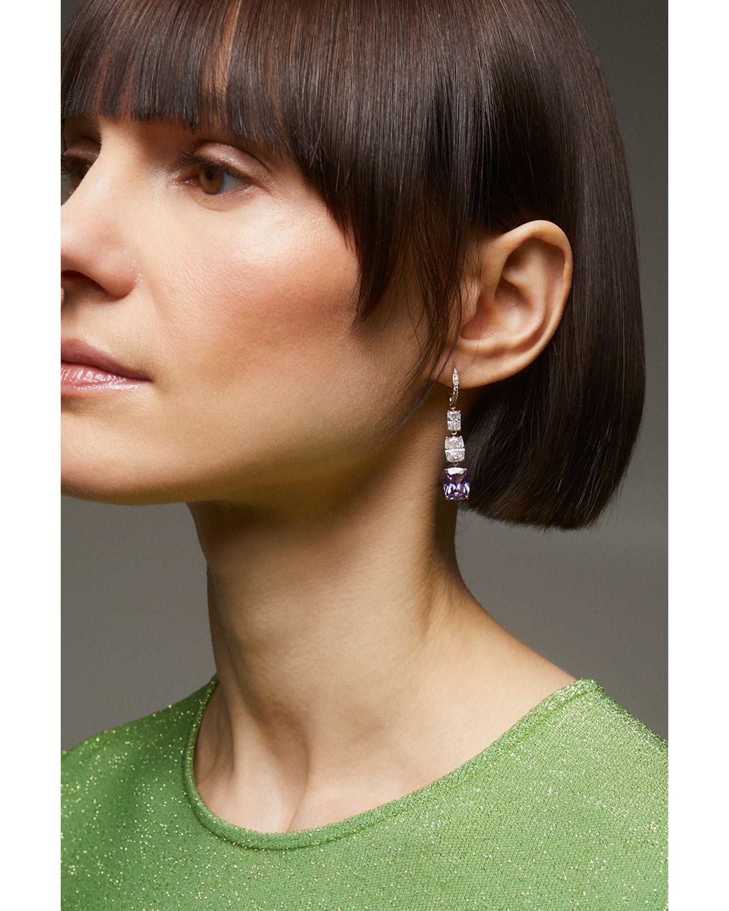 Cubic Zirconia & Purple Stone Graduated Triple Drop Earrings in 18K Gold Plated