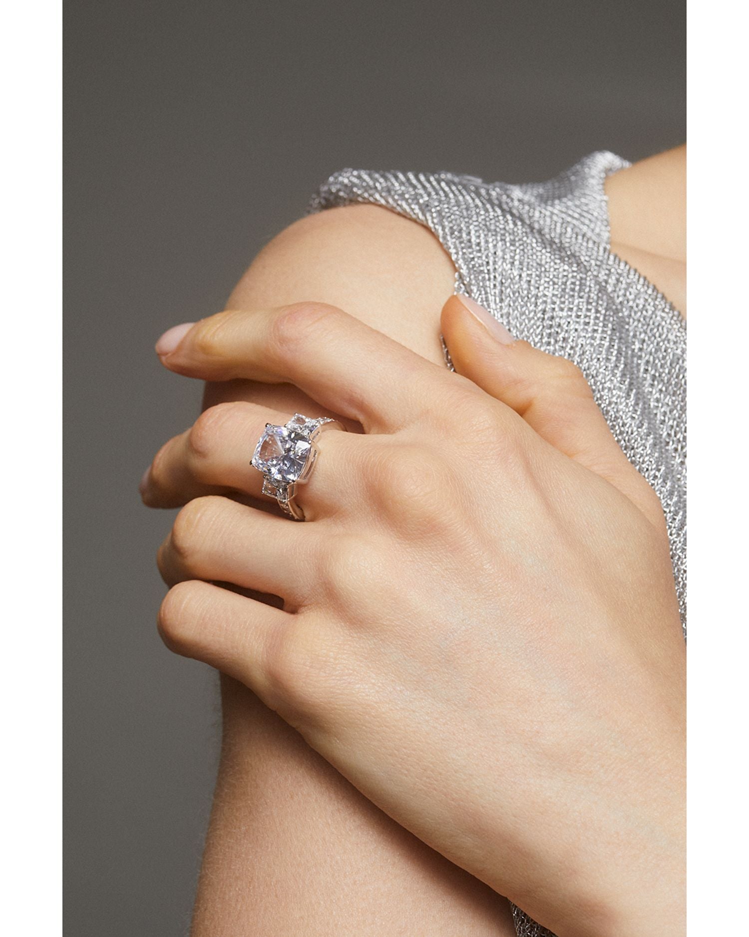 Cubic Zirconia Three Stone Cocktail Ring in Rhodium Plated