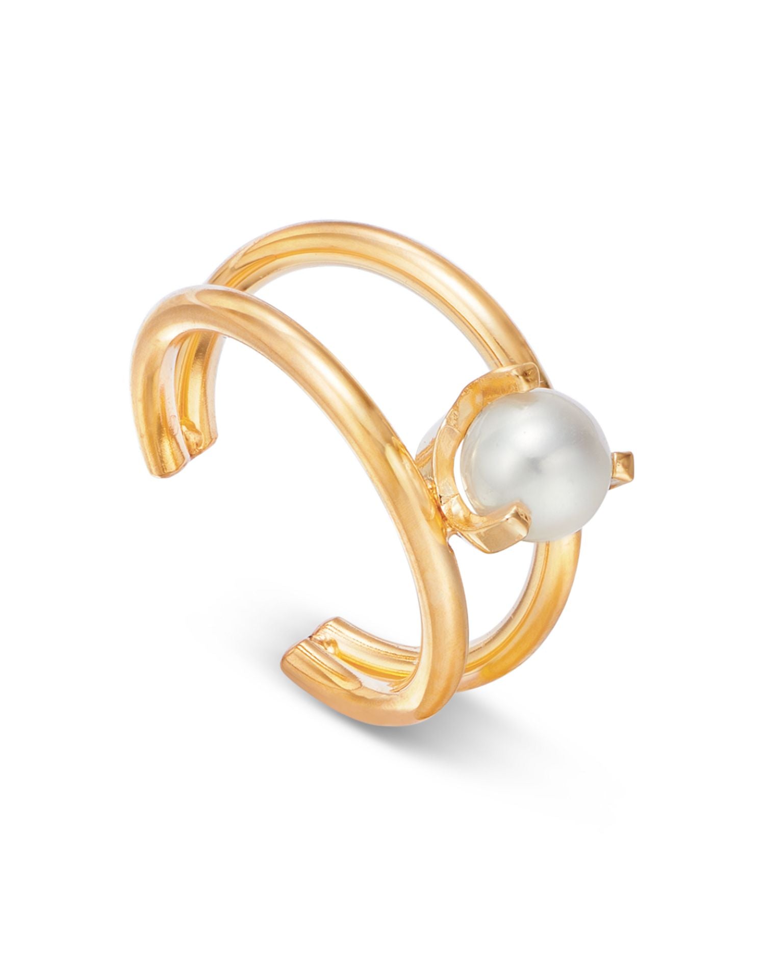 14K Yellow Gold Nested Prong Cultured Freshwater Pearl Double Wire Ear Cuff