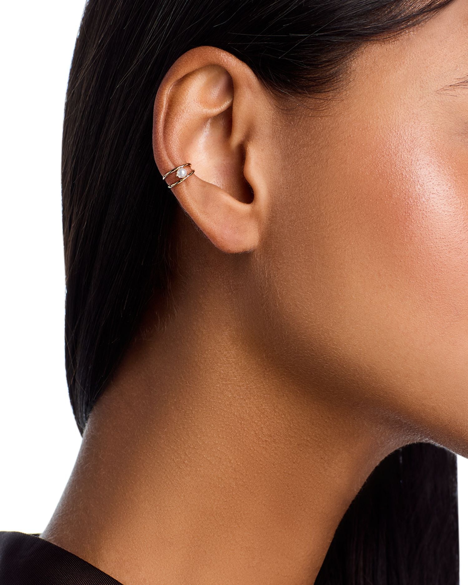 14K Yellow Gold Nested Prong Cultured Freshwater Pearl Double Wire Ear Cuff