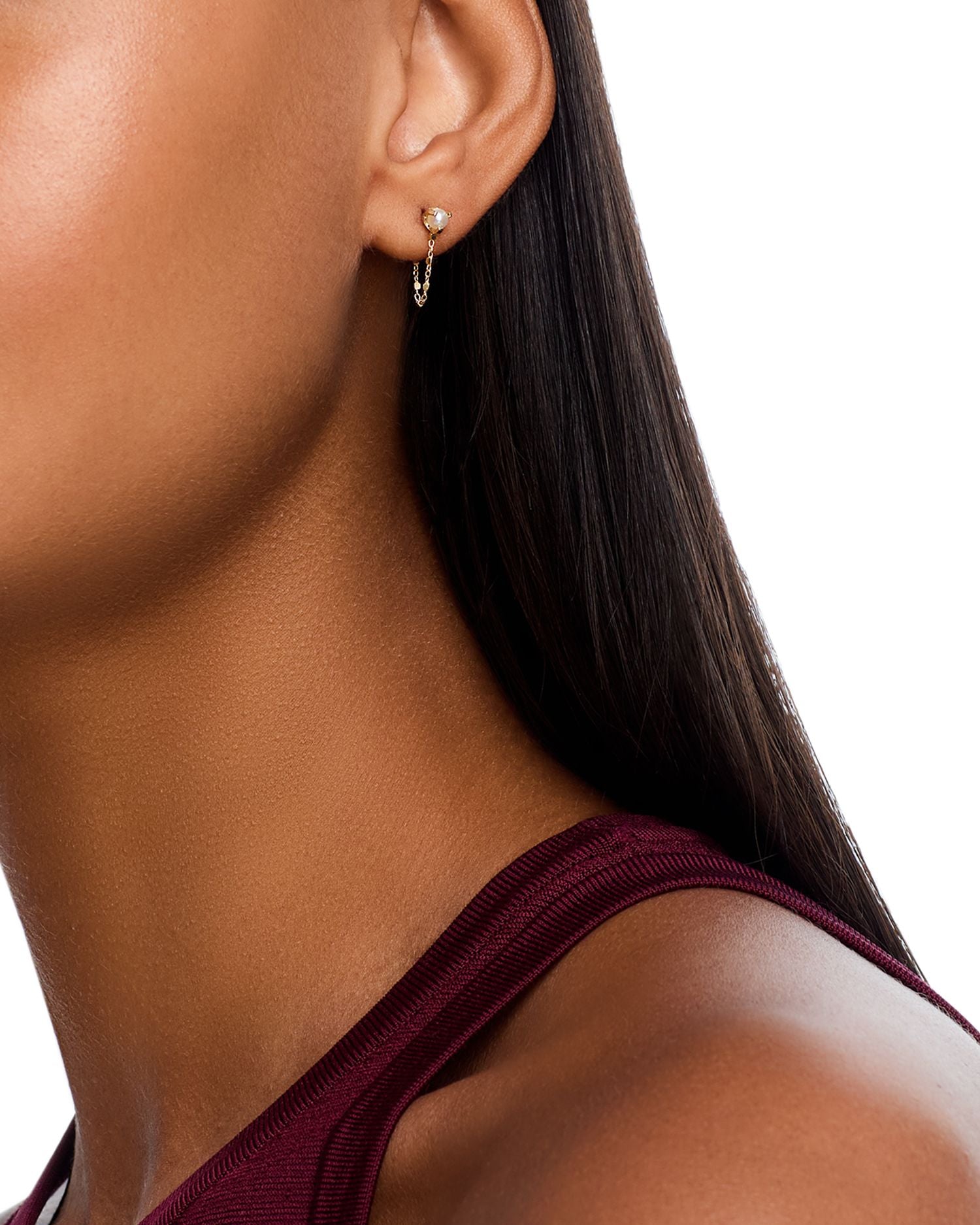 14K Yellow Gold Square Bead Chain Cultured Freshwater Pearl Earrings