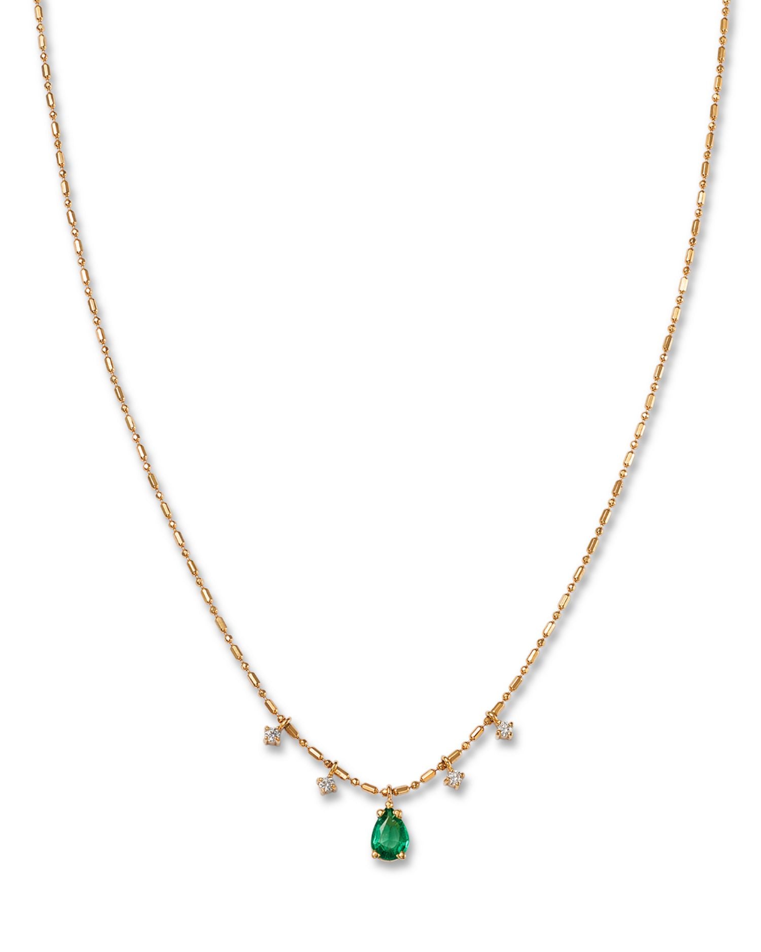14K Yellow Gold Dangling Emerald & Diamond Necklace, 16'