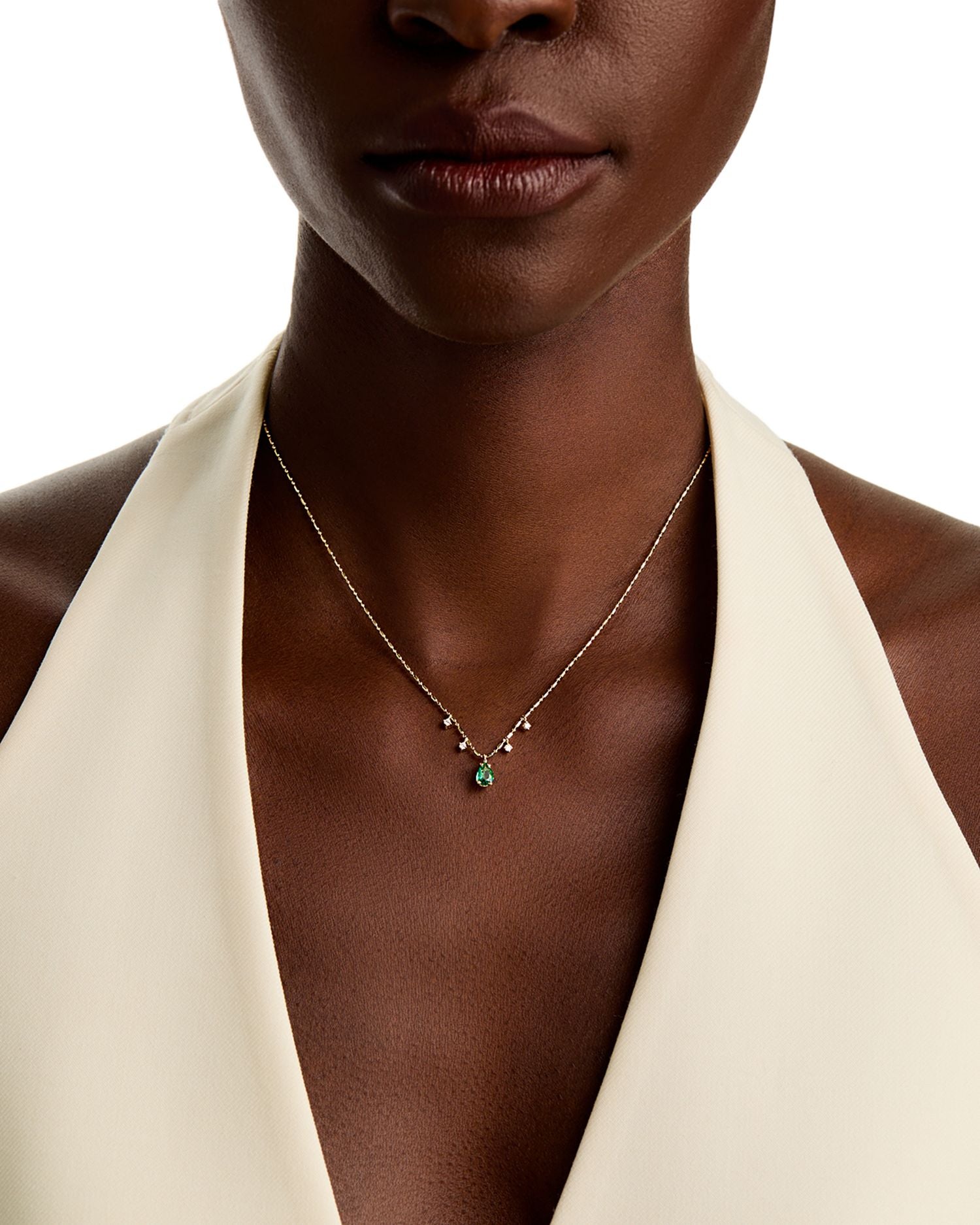 14K Yellow Gold Dangling Emerald & Diamond Necklace, 16'