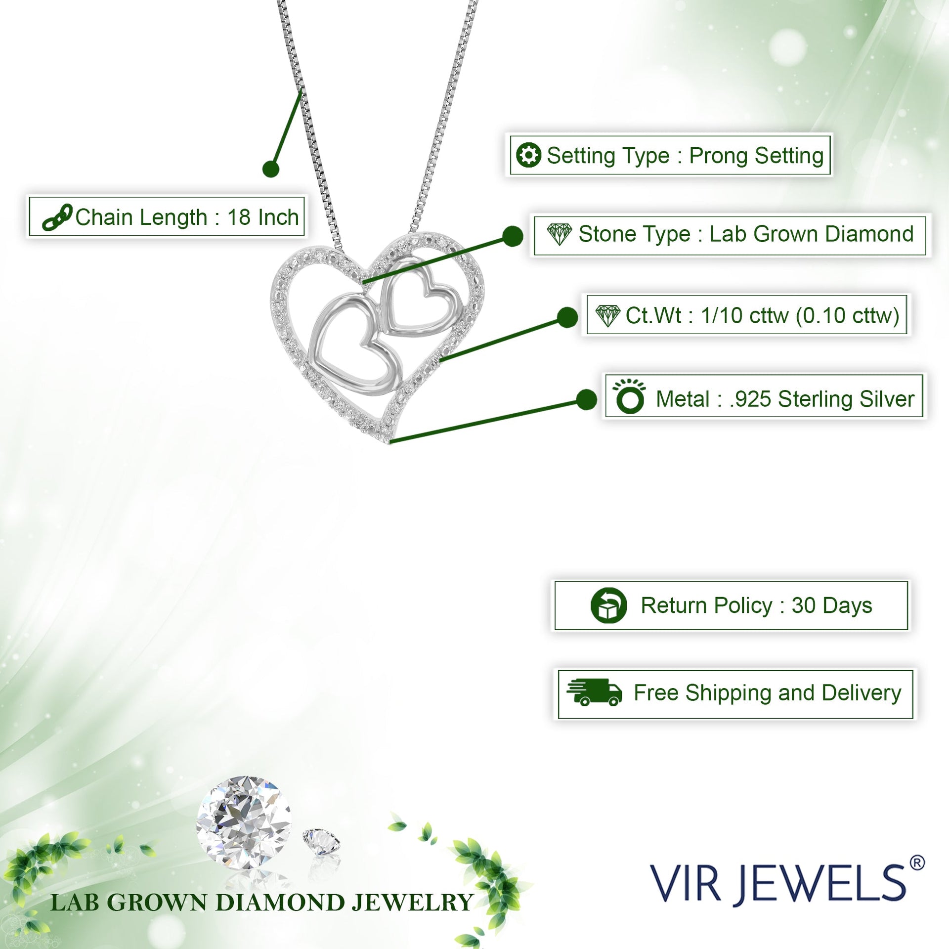 1/10 cttw Lab Grown Diamond Heart Pendant Necklace .925 Sterling Silver 2/3 Inch With 18 Inch Chain