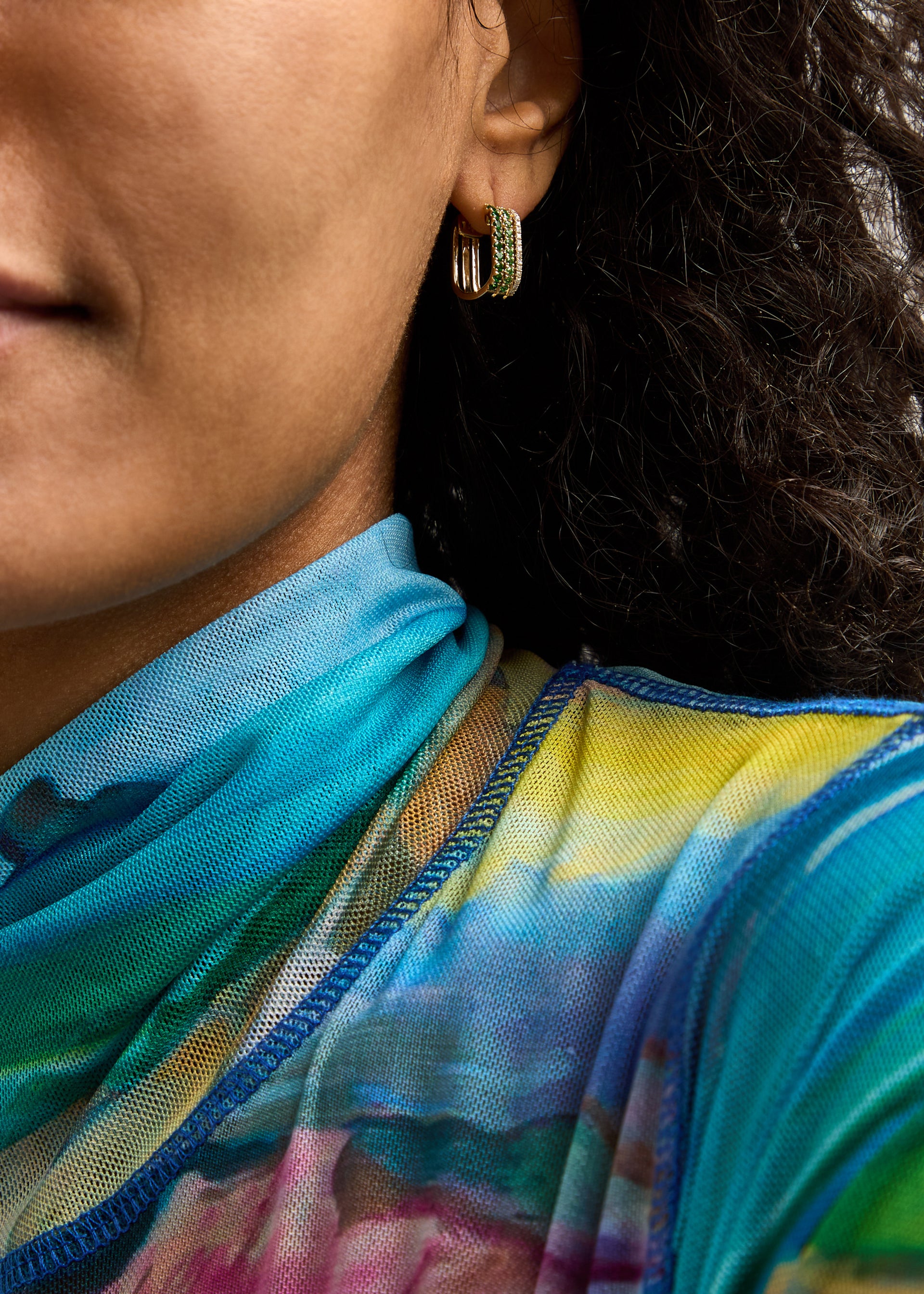 Triple embellished 14kt gold single hoop earring