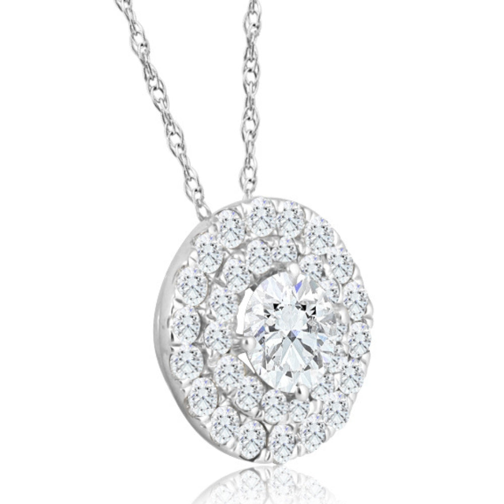 2 1/5Ct TW Diamond (1ct center) Round Halo Pendant White Gold Necklace