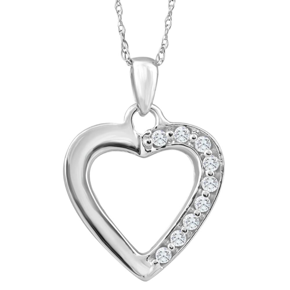 10K White Gold 1/10Ct TW Diamond Small Heart Pendant Necklace 1' Tall