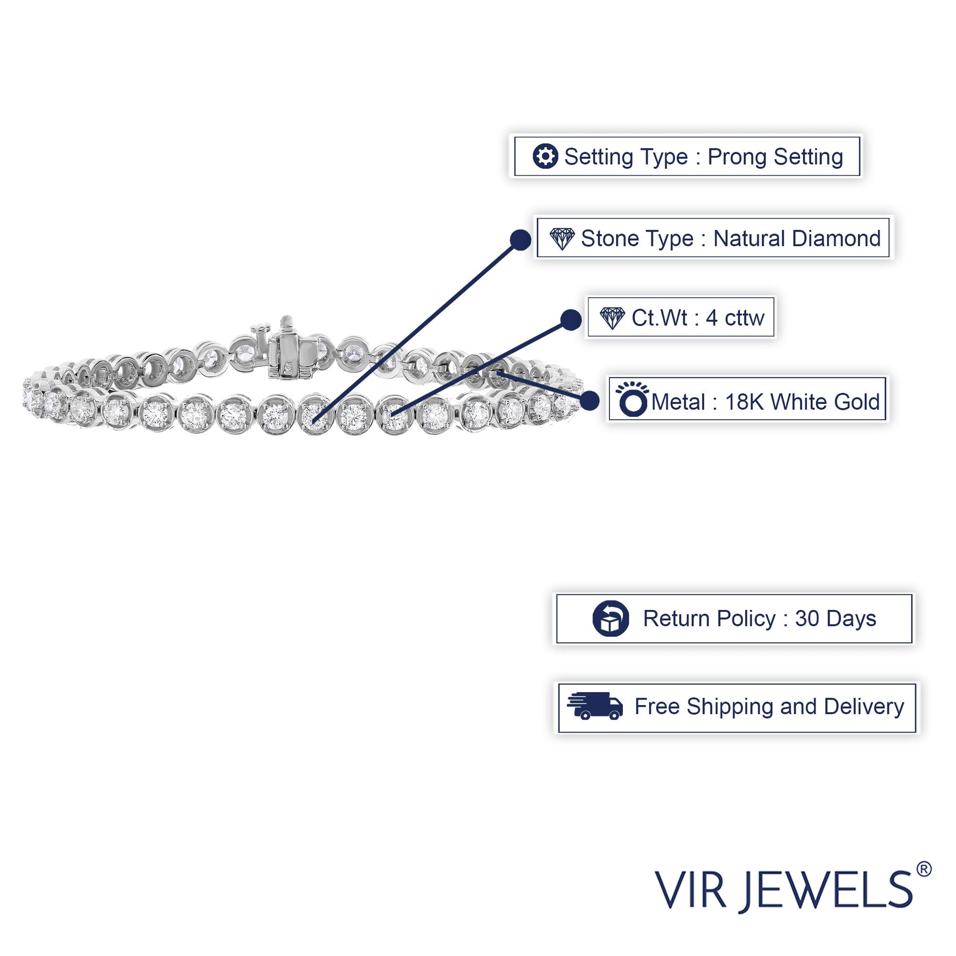 4 cttw SI2-I1 Certified Diamond Bracelet 18K White Gold G-H Tennis Round 7 Inch