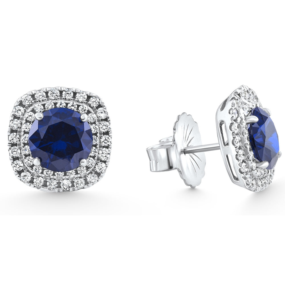 2.65Ct Cushion Halo Blue Sapphire Diamond Studs 14k White Gold Earring Lab Grown