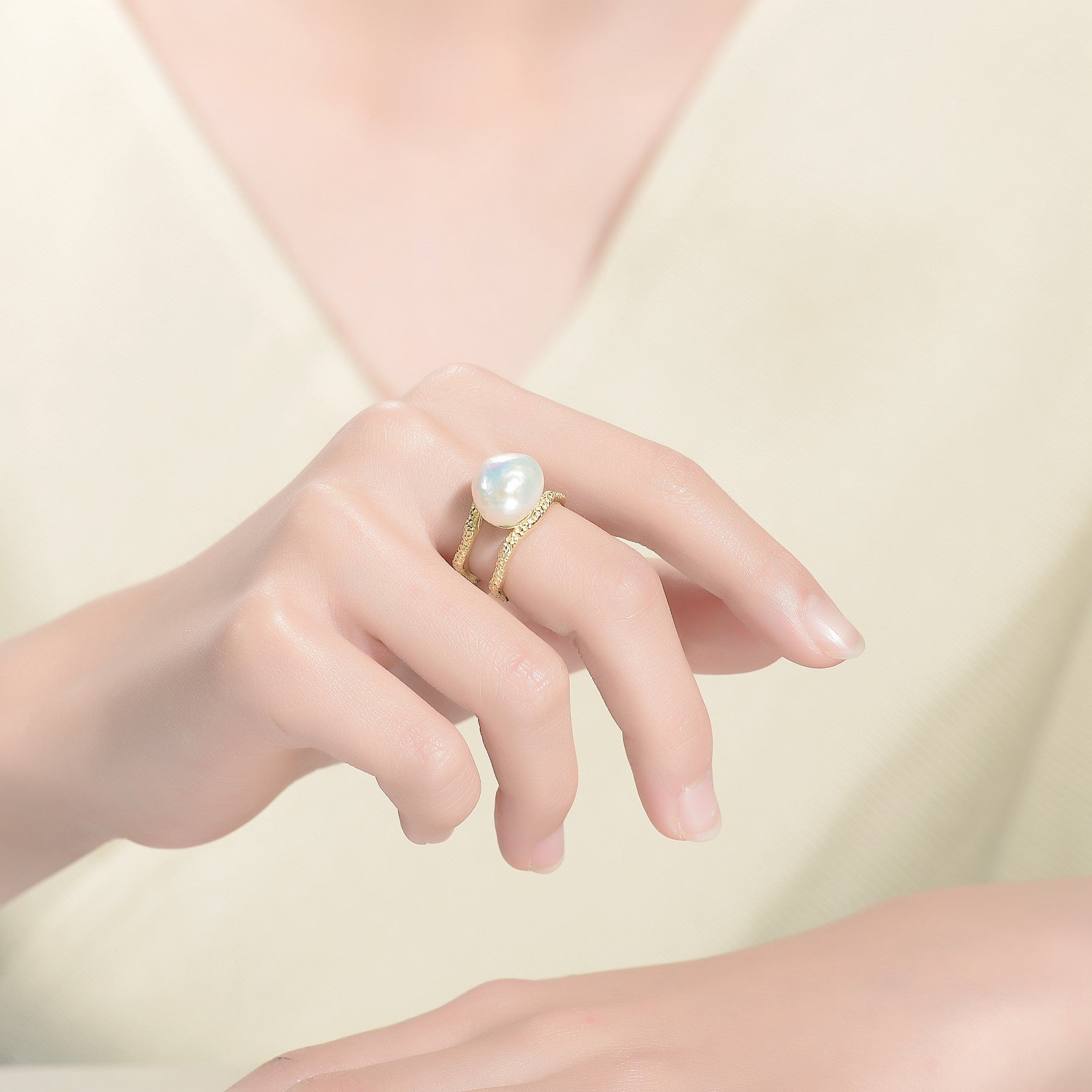 Sterling Silver Gold Plated with Genuine Freshwater Pearl Contemporary Ring