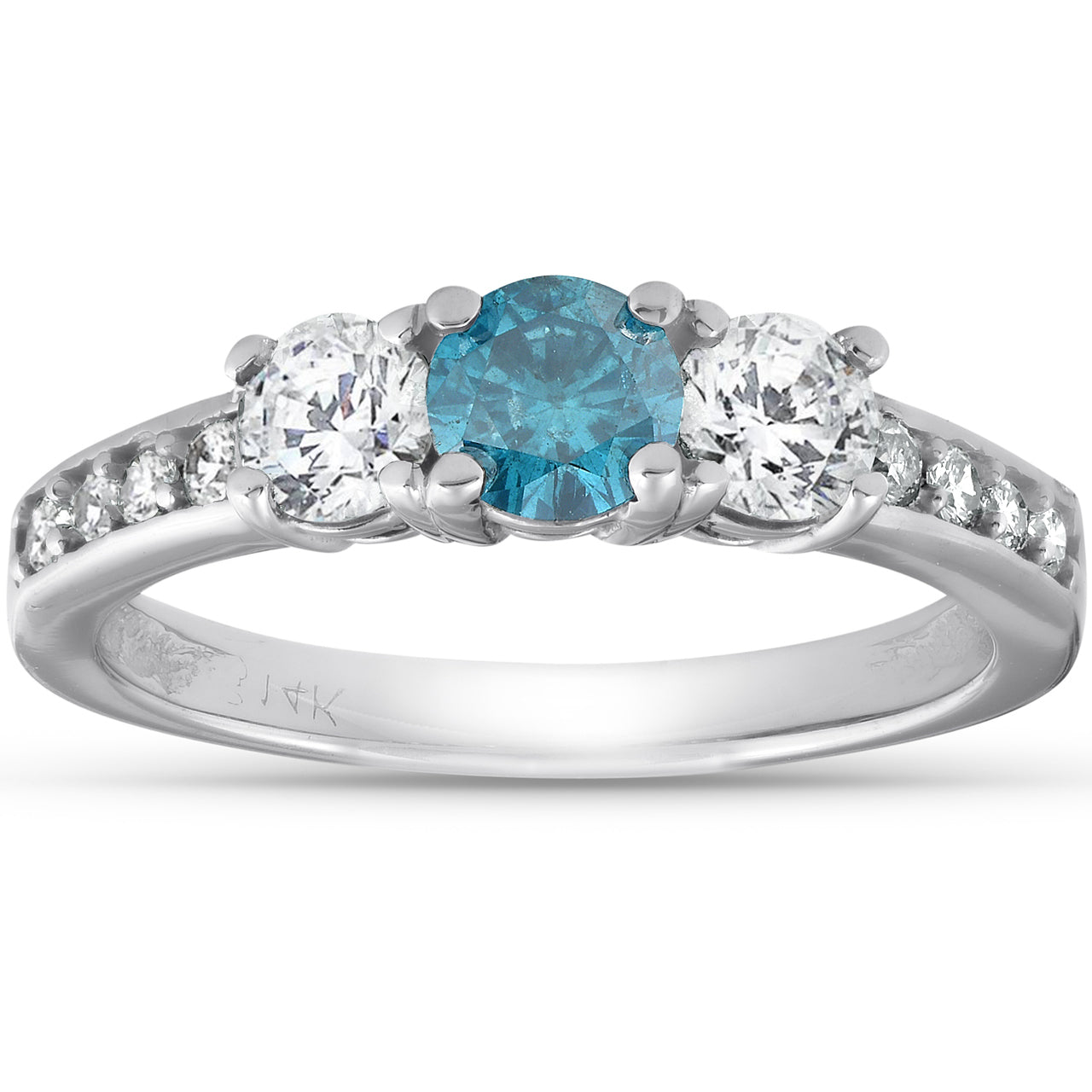 1 Carat Three Stone Blue & White Diamond Ring 14K White Gold
