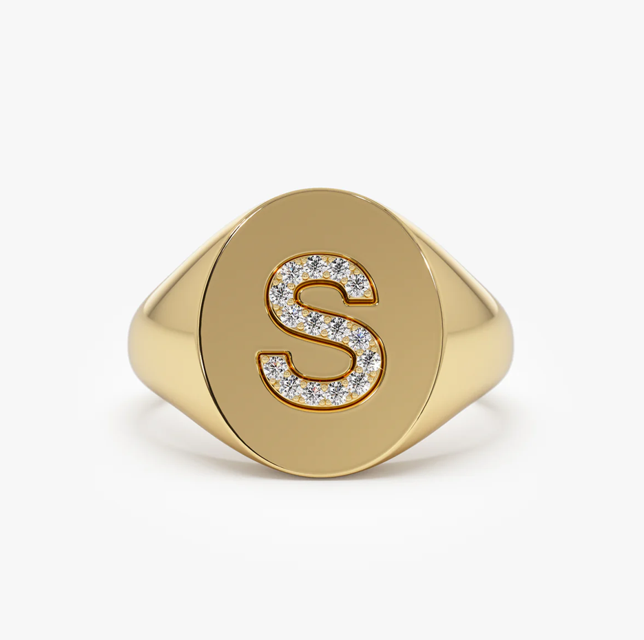 14K 0.1 CT Diamond Letter Signet Ring