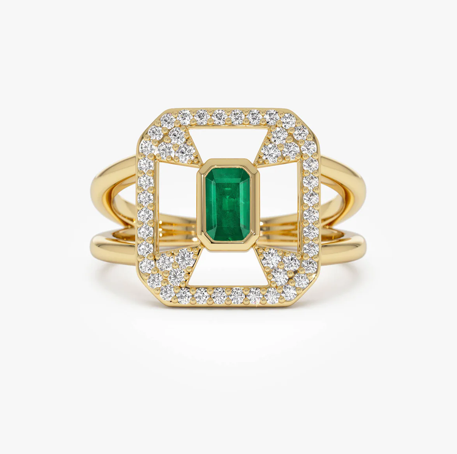 14k Art Deco Design 0.7 CT Emerald & 0.3 CT Diamond Halo Ring