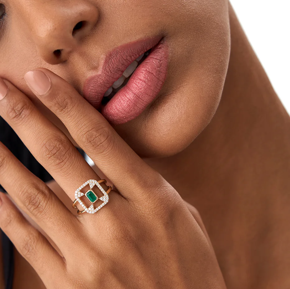 14k Art Deco Design 0.7 CT Emerald & 0.3 CT Diamond Halo Ring