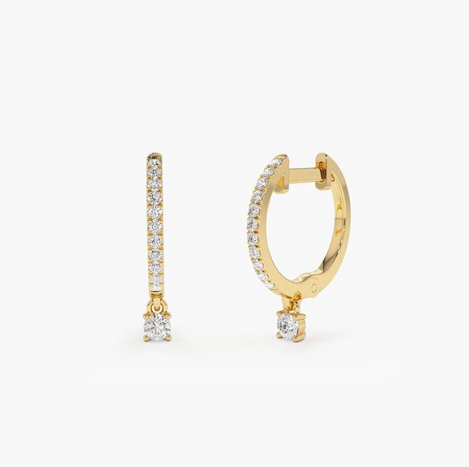 14k Diamond Huggies with a Dangling Round Diamond