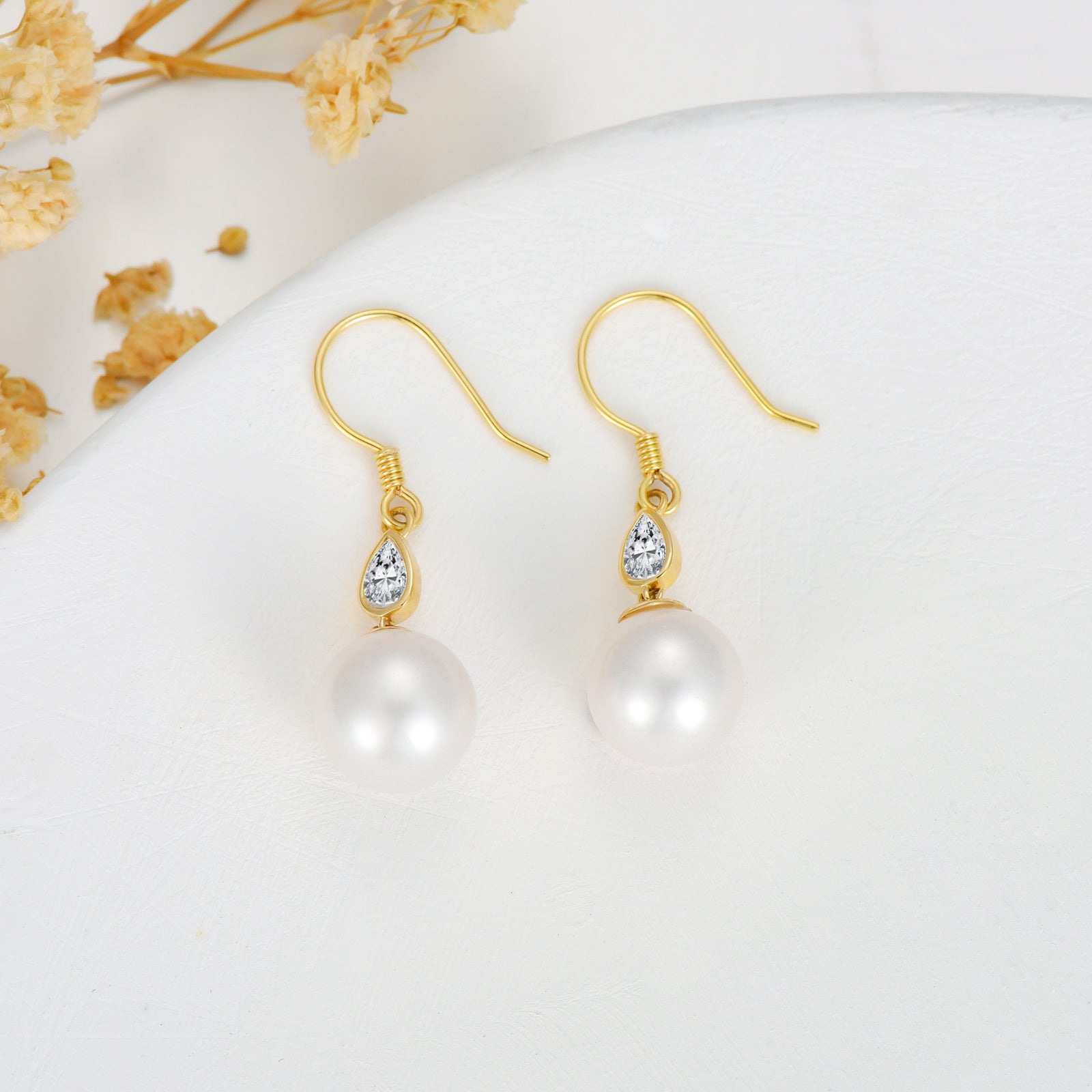 14K Gold Cubic Zirconia & Pearl Drop Shape Drop Earrings