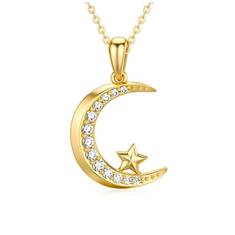 14K Gold 0.18CT Diamond Moon & Star Pendant Necklace