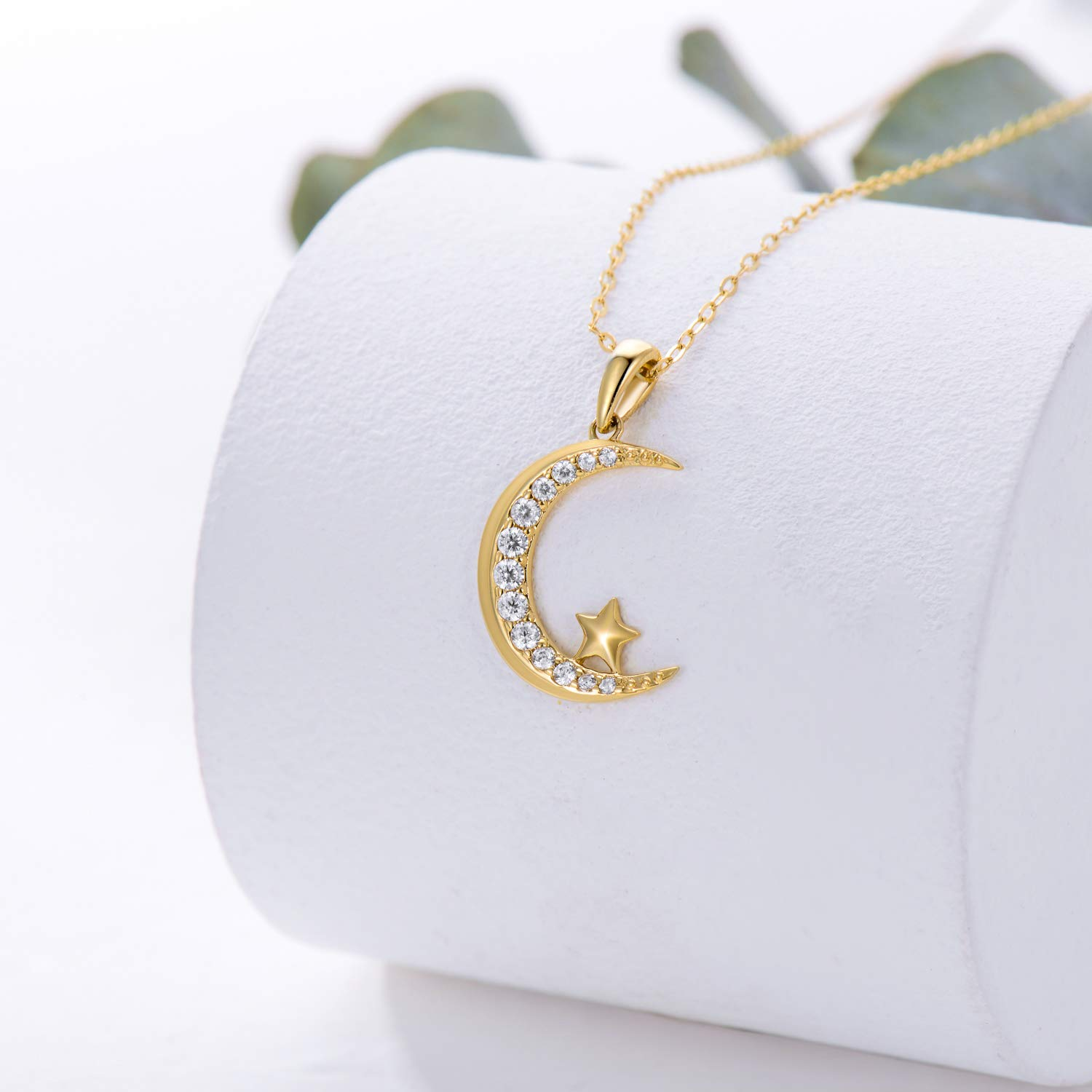 14K Gold 0.18CT Diamond Moon & Star Pendant Necklace