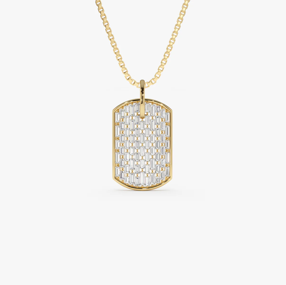 14K Gold 1.25 CT Baguette Diamond Dog Tag Pendant