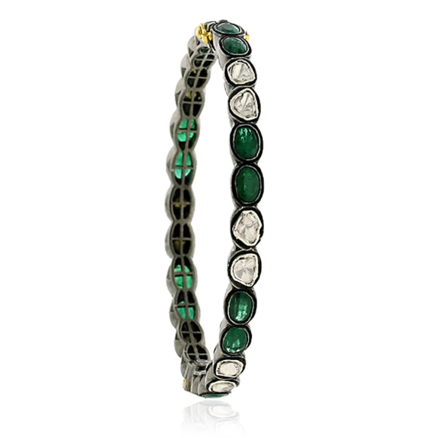 Uncut Diamond & Emerald Victorine Bangle In Oxidized Gold Silver Fine Jewelry
