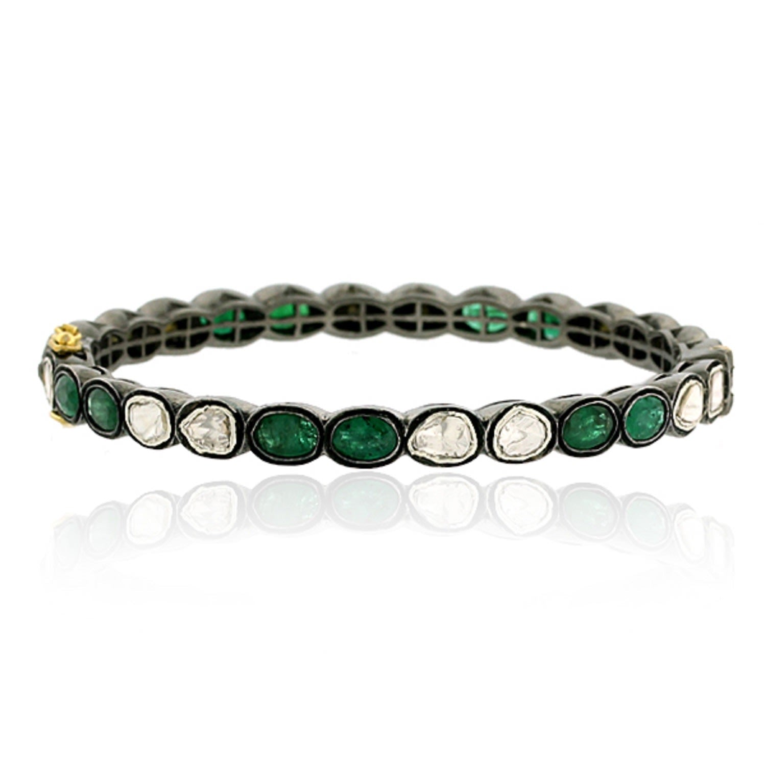 Uncut Diamond & Emerald Victorine Bangle In Oxidized Gold Silver Fine Jewelry