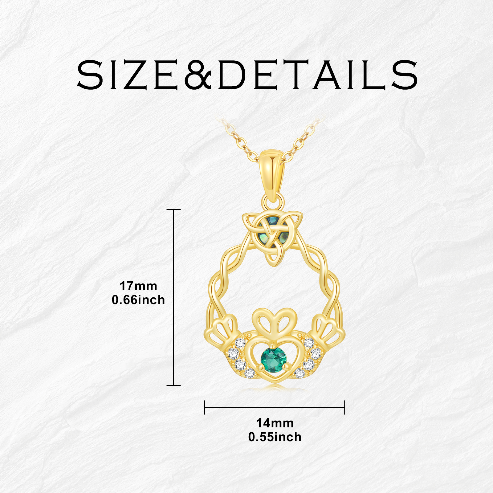 14K Gold Abalone & Cubic Zirconia Celtic Knot & Claddagh Pendant Necklace