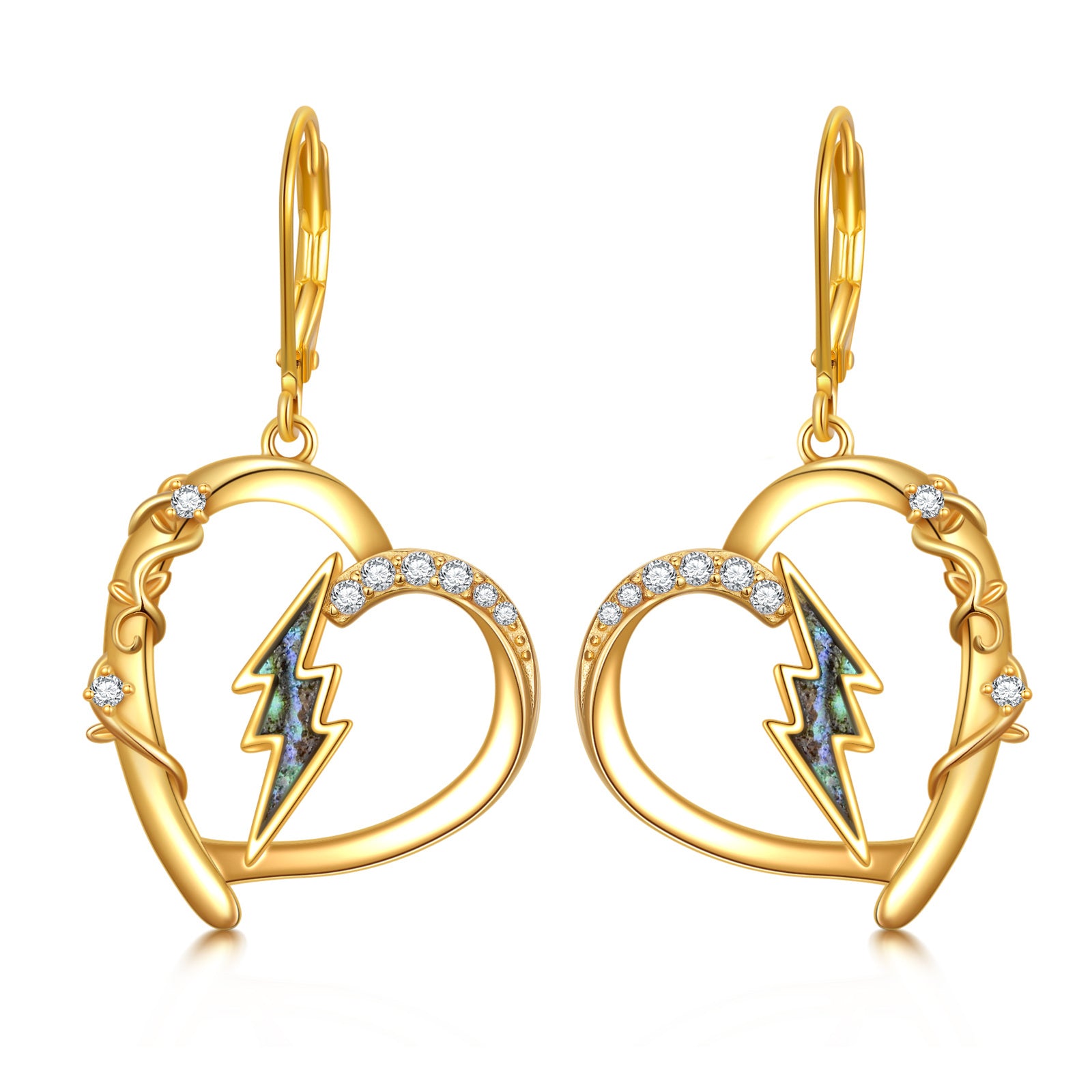 14K Gold Abalone Shellfish Heart & Lightning Drop Earrings