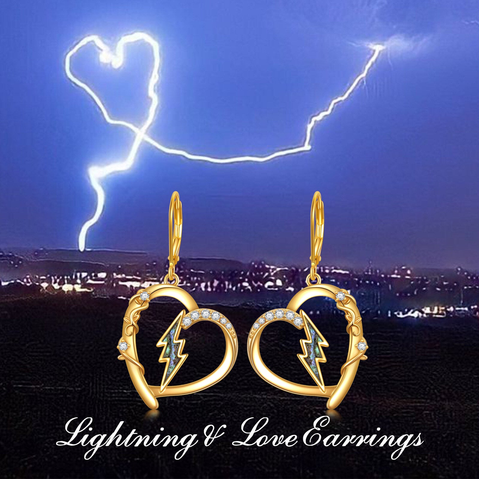 14K Gold Abalone Shellfish Heart & Lightning Drop Earrings