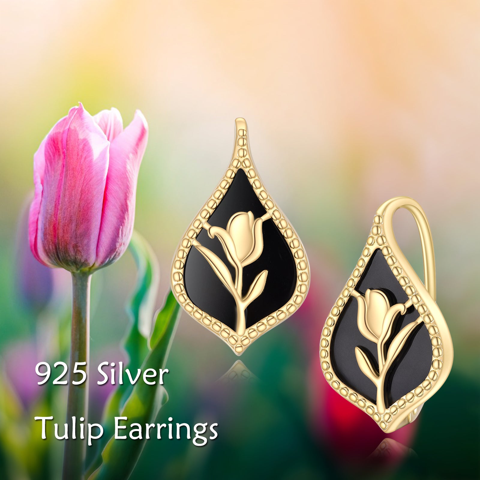 Sterling Silver with Yellow Gold Plated Agate Tulip Lever-back Earrings